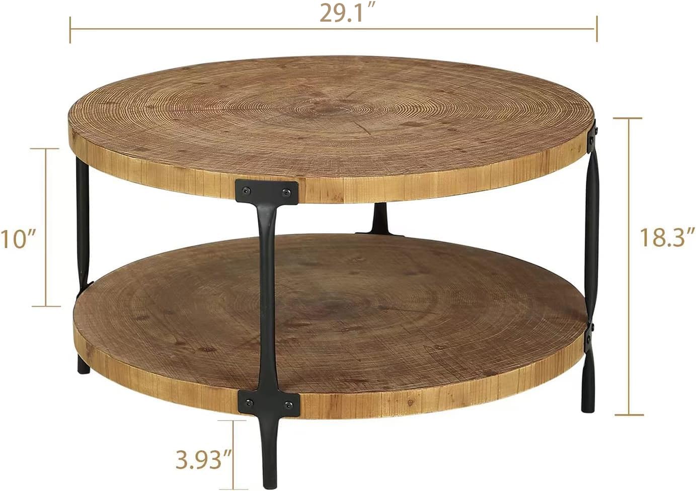 Awescuti Round Boho Wood Coffee Table - 29.1" Farmhouse Natural Circle Wooden 2-Tier Coffee Tables Living Room Furniture, Natural Wood Color, 29.1" D x 18.3" H