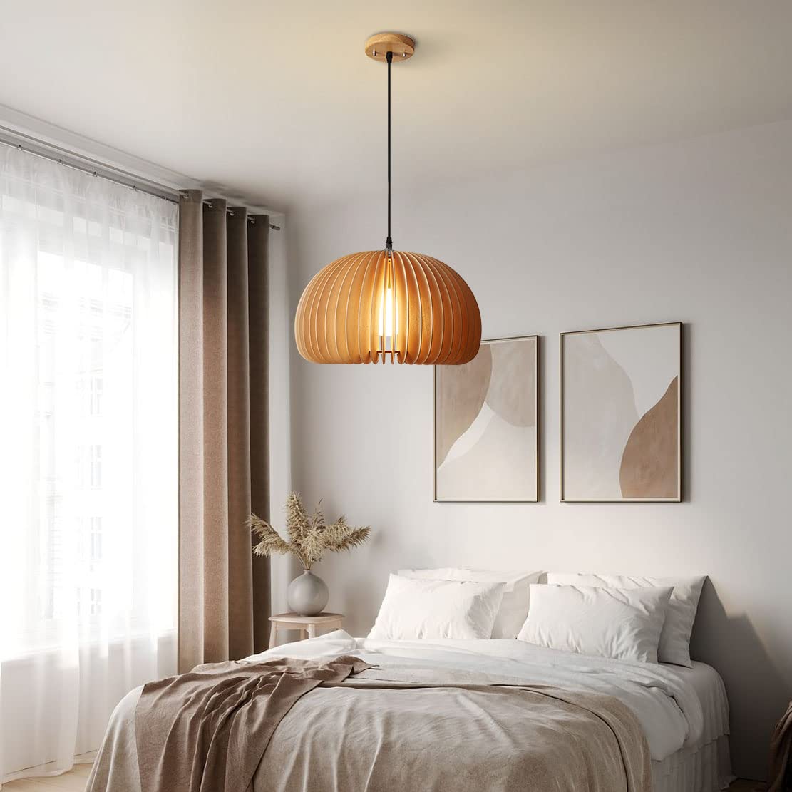 Flyrose Industrial Farmhouse Wood Pendant Lights Kitchen Island Boho Rattan Chandelier Japanese Pendant Lighting Large Dome Pendant Light Retro Dining Room Light Fixture