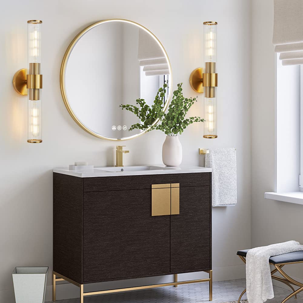 Vaziden Bathroom Light Fixtures, Gold Wall Sconce in Threaded Glass Indoor Wall Sconces, Modern Bathroom Vanity Light Up and Down Sconces Wall Lighting for Living Room, Hallway - Bulb Not Included