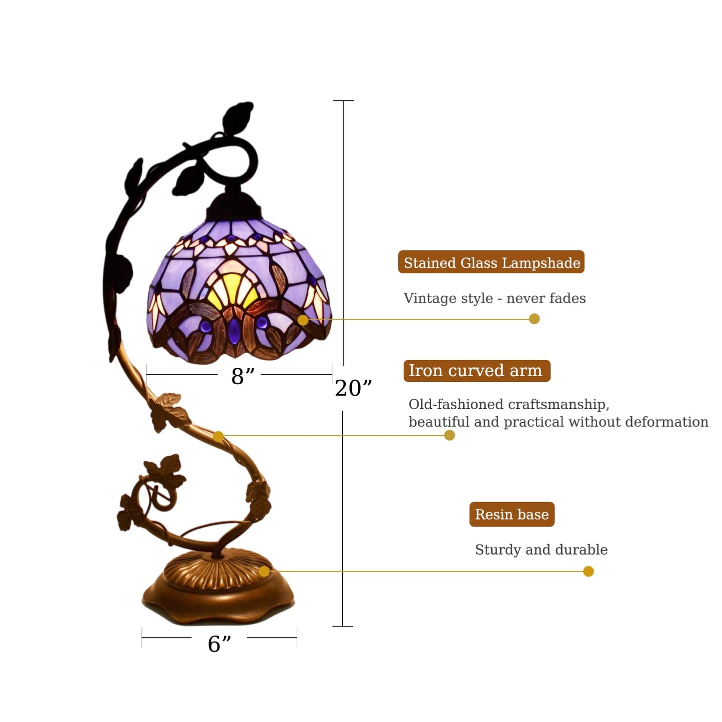 Tiffany-Style 8 Inch Table Lamp Stained Glass Baroque Lampshades Small Bedside Lamp Reading Antique Desk Light Livingroom Bedroom Office Vintage Art Deco Victorian