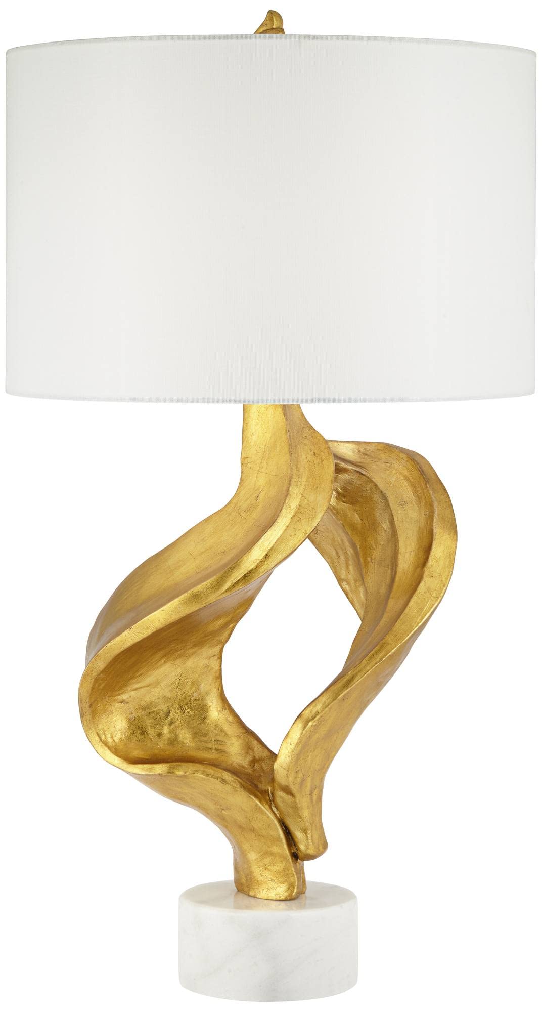 Possini Euro Design Hera Modern Glam Luxury Table Lamp Decor 31" Tall Sculptural Gold Leaf White Fabric Drum Shade Marble Base for Living Room Bedroom House Bedside Nightstand Home Office Entryway