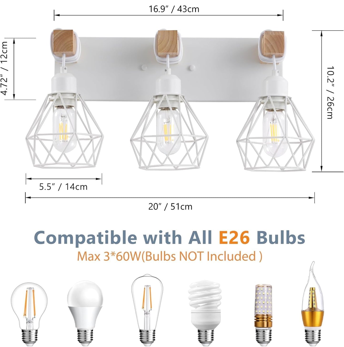 Farmhouse Vanity Light for Bathroom, 3-Light White Wood Bathroom Vanity Light Fixtures Over Mirror, Rustic Sconces Wall Lighting with Metal Lampshade for Living Room, Bedroom, Hallway