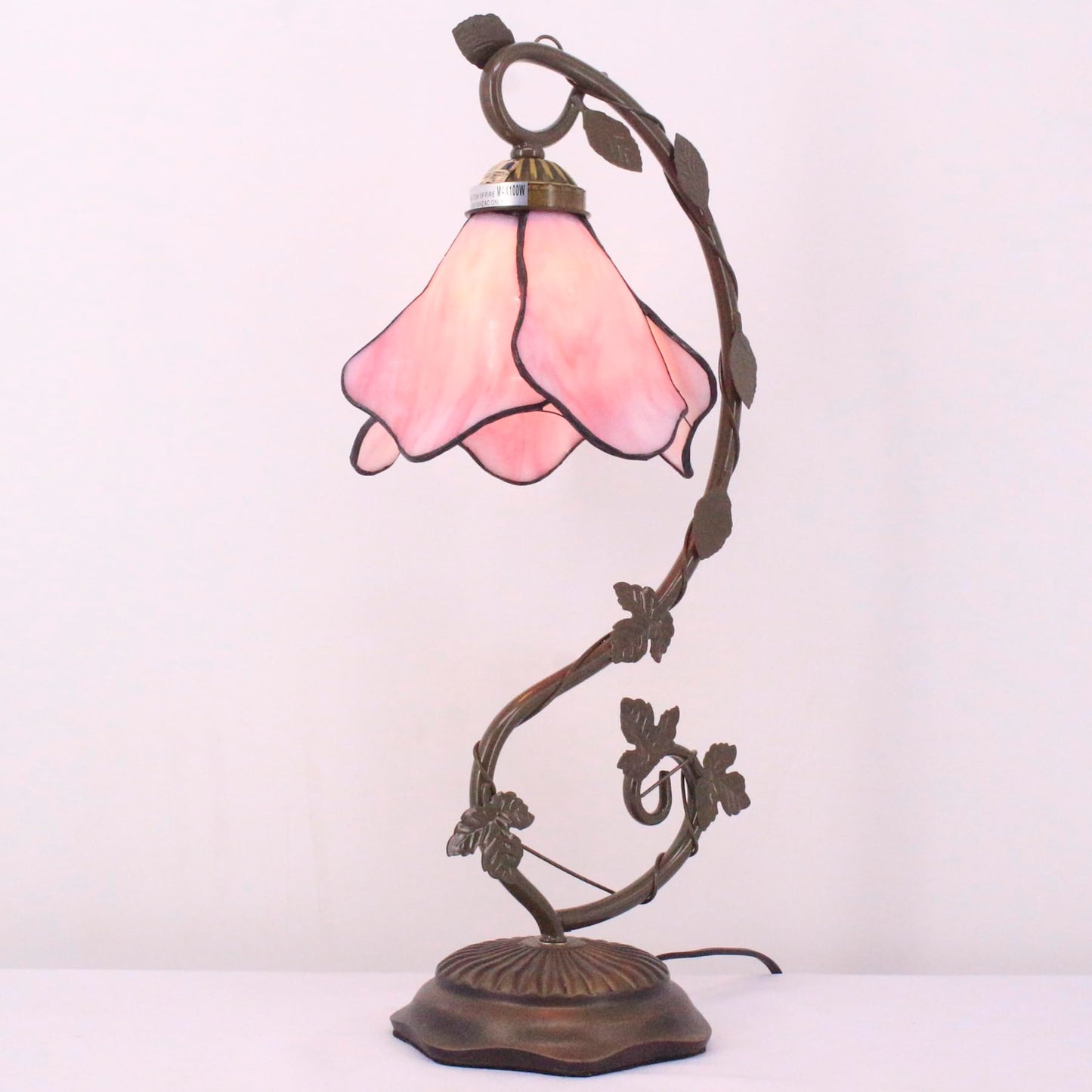 WERFACTORY Tiffany Lamp Pink Stained Glass Table Lamp, Metal Leaf Table Desk Reading Light 8X10X21 Inches Decor Small Space Bedroom Home Office S701 Series