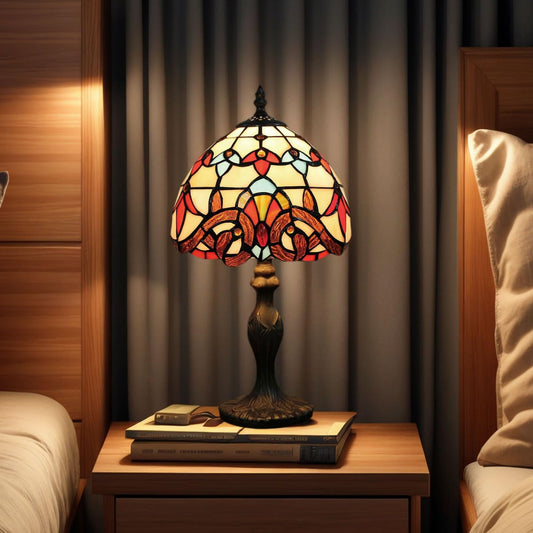 8 inch Tiffany Style Small Table Lamp Vintage, 20cm/7.9 inch Diameter Glass Shade, 38cm/15 inch Height, Resin Base, Includes Warm Light Bulb (F)