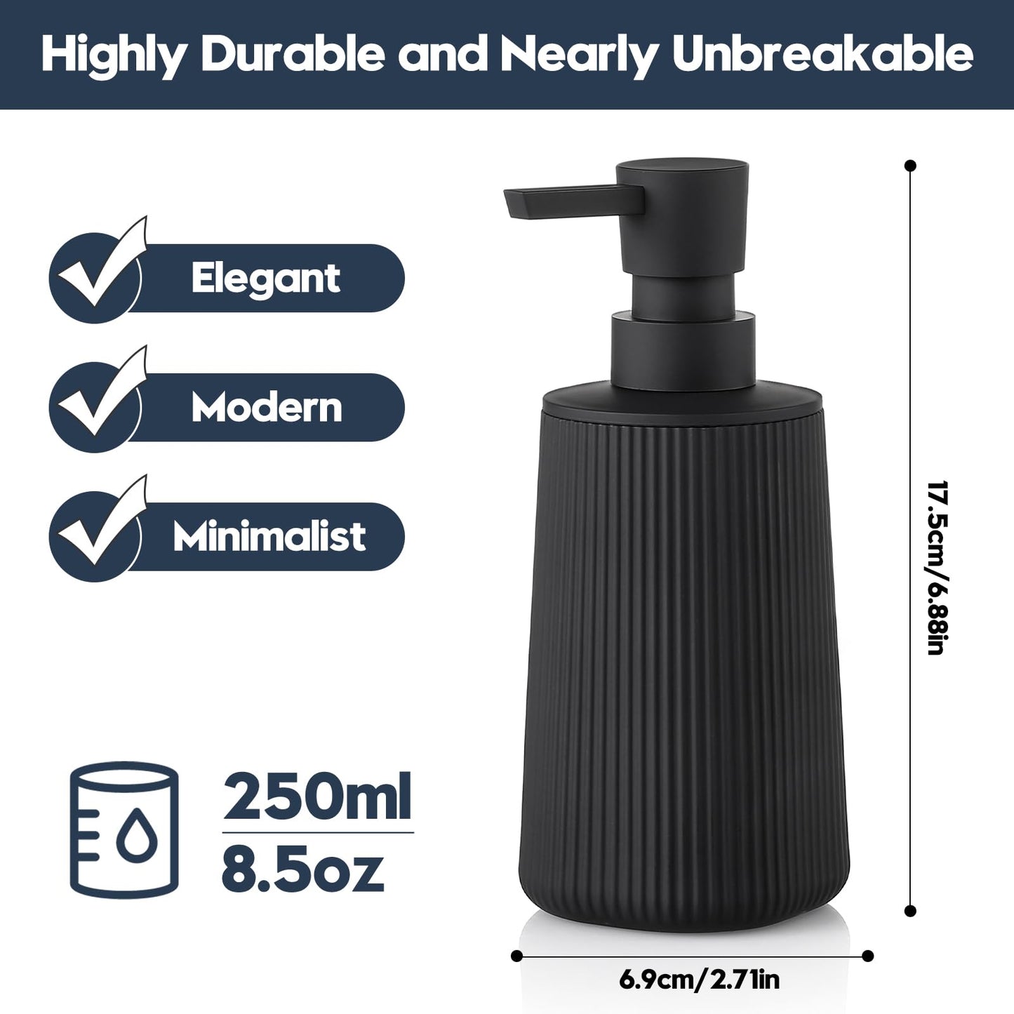 Small Soap Dispenser for Bathroom and Kitchen, Modern Farmhouse Striped Style Plastic Hand Soap Dish Soap Dispenser with Pump Matte Black