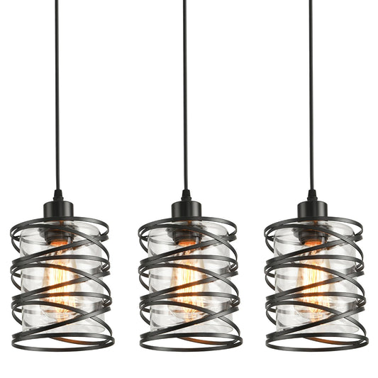 IHENGYANLT 3 Pack Pendant Light Kitchen Island Pendant Lighting, Glass Hanging Light with Spiral Cage Clear Glass Shade, Black Modern Indoor Hanging Lamp