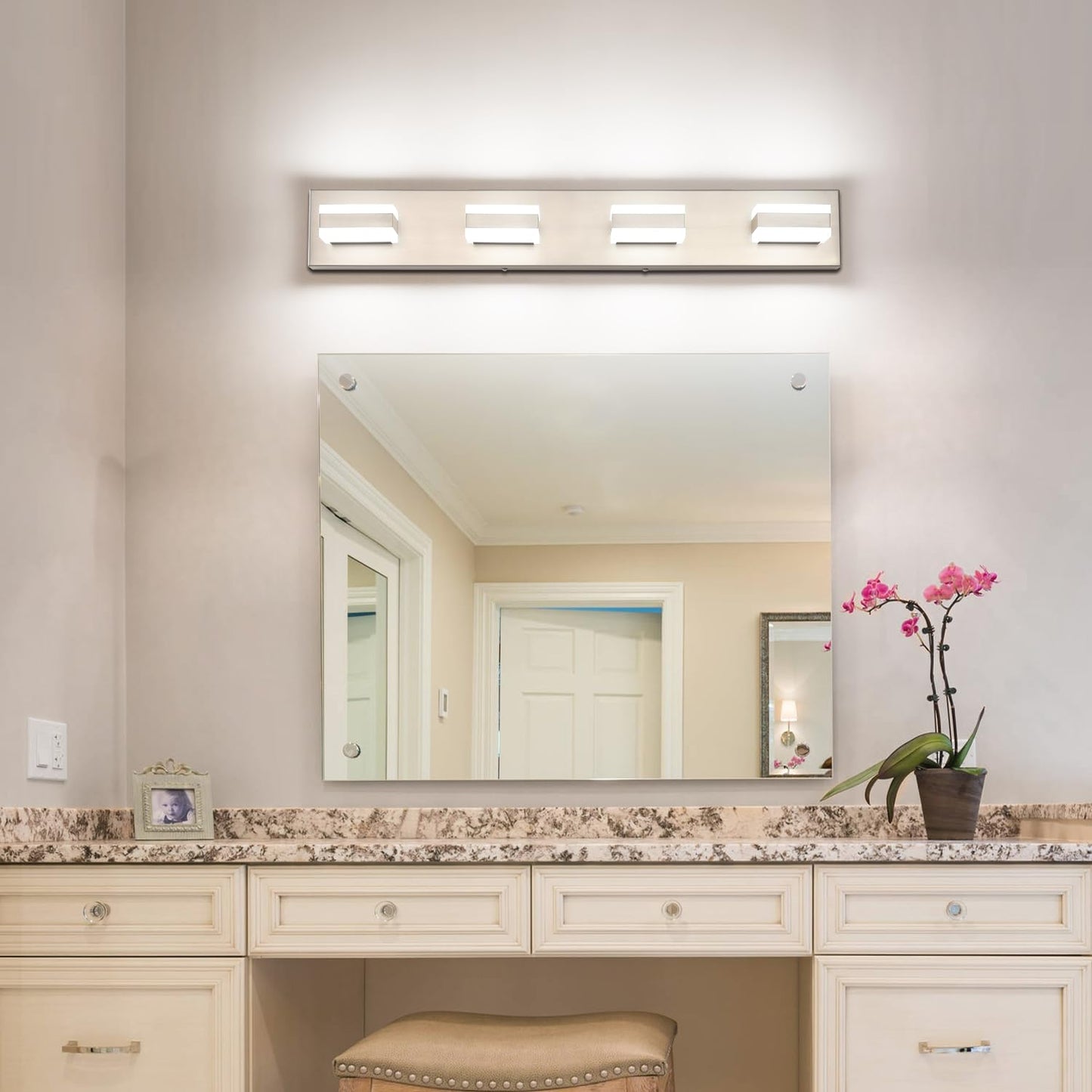 SOLFART Bathroom Vanity Lights Brushed Nickel Light Fixtures for Bathroom Above Mirror 4 Light Led Lights Bath Lighting Fixture Nickel