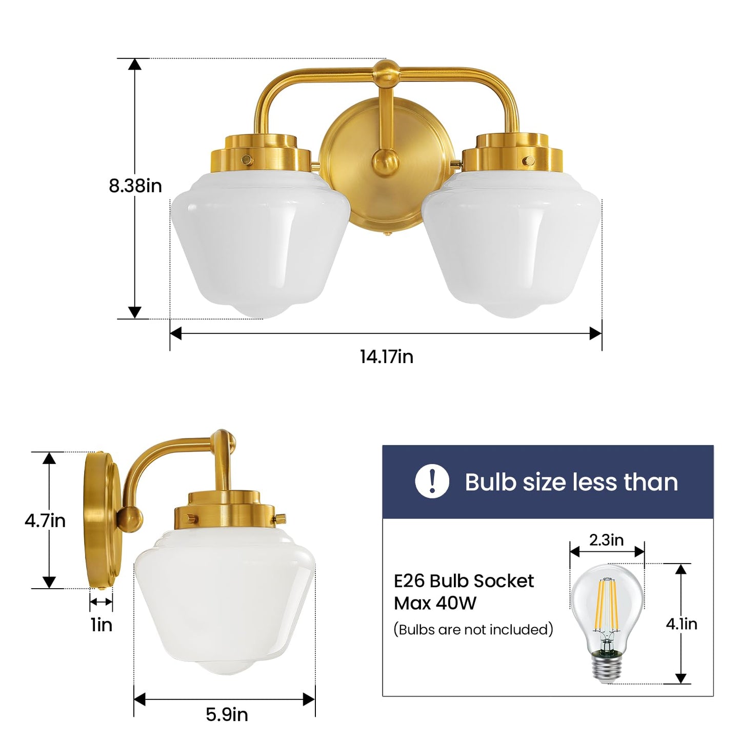 RUIYEY Bathroom Vanity Light Fixtures: 2-Lights Gold Bathroom Lighting Fixtures Over Mirror, Mid-Century Modern Wall Sconces with Frosted Milky Glass for Kitchen Bedroom Hallway