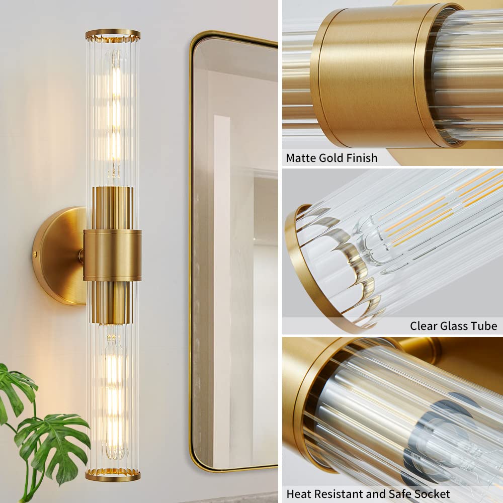 Vaziden Bathroom Light Fixtures, Gold Wall Sconce in Threaded Glass Indoor Wall Sconces, Modern Bathroom Vanity Light Up and Down Sconces Wall Lighting for Living Room, Hallway - Bulb Not Included