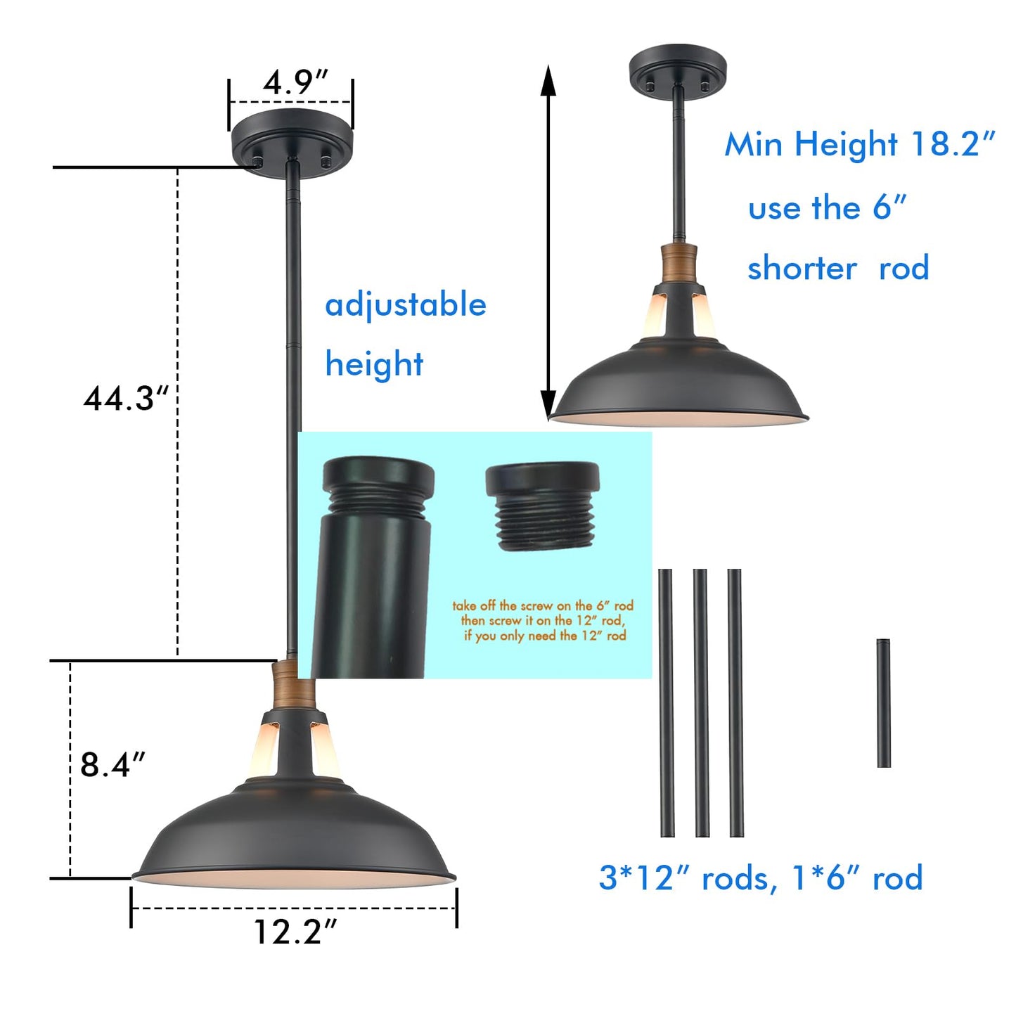 CLAXY Pendant Light Industrial Farmhouse Pendant Lighting Matte Black Loft Barn Hanging Kitchen Pendant Light Fixtures-12.2"