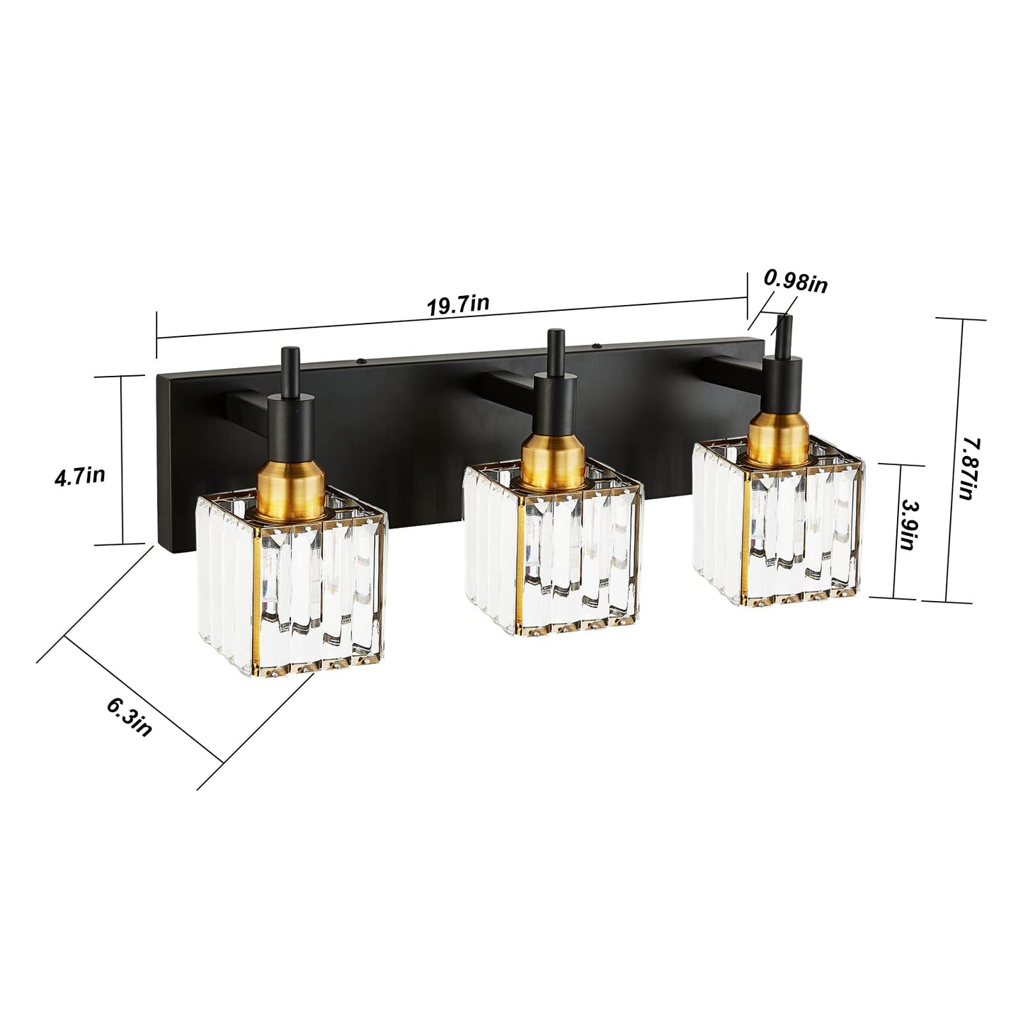 HUOKU Modern Crystal Bathroom Vanity Light 3-Light Brass Wall Light Fixtures Over Mirror Black and Gold Vanity Lighting for Bathroom Square Shade Brass Wall Sconce