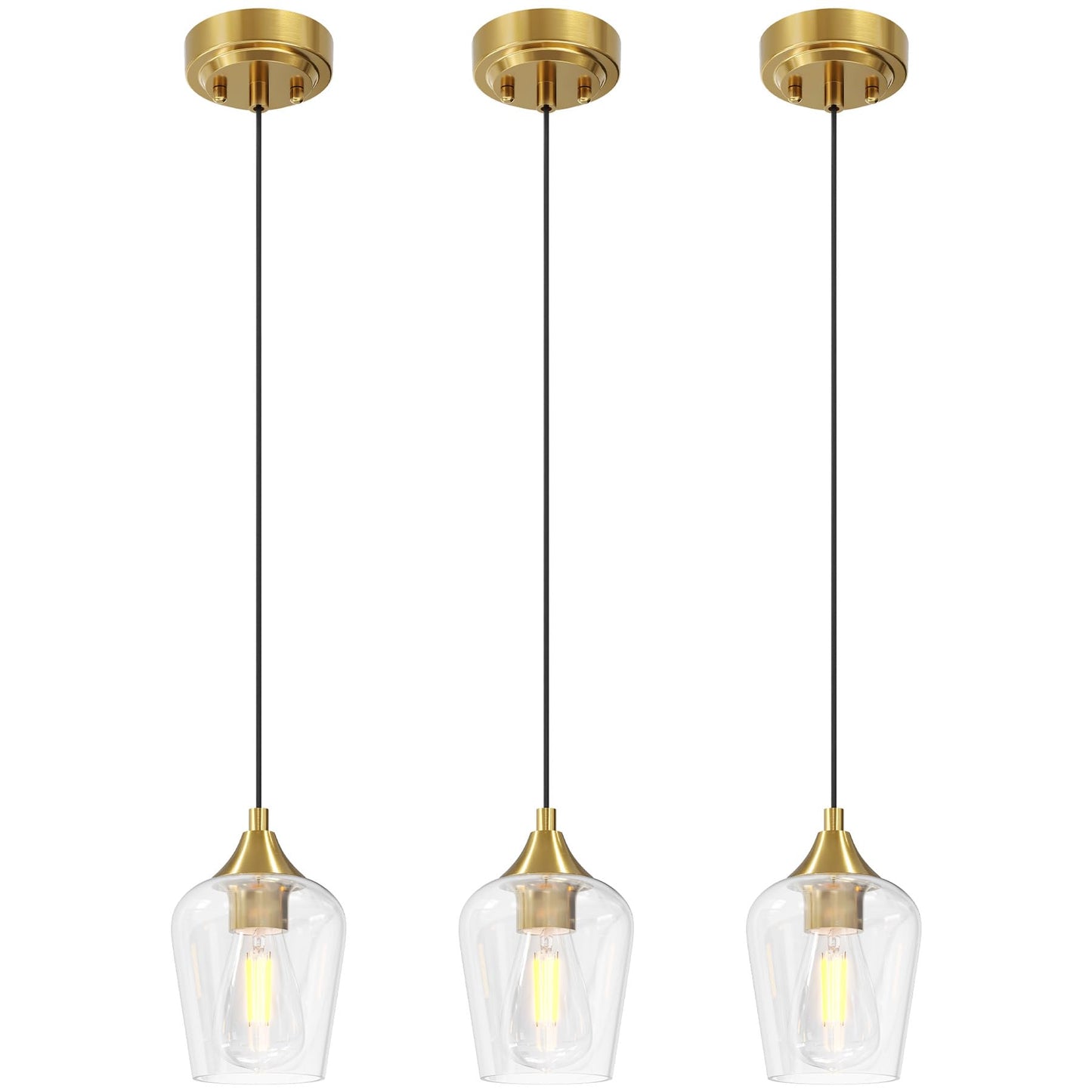 VONLUCE Pendant Lights Kitchen Island, Brushed Gold Pendant Light Fixtures with E26 Base & Adjustable Cable, Modern Pendant Lighting with Glass Shade for Living Room Bedroom Hallway, 3 Packs