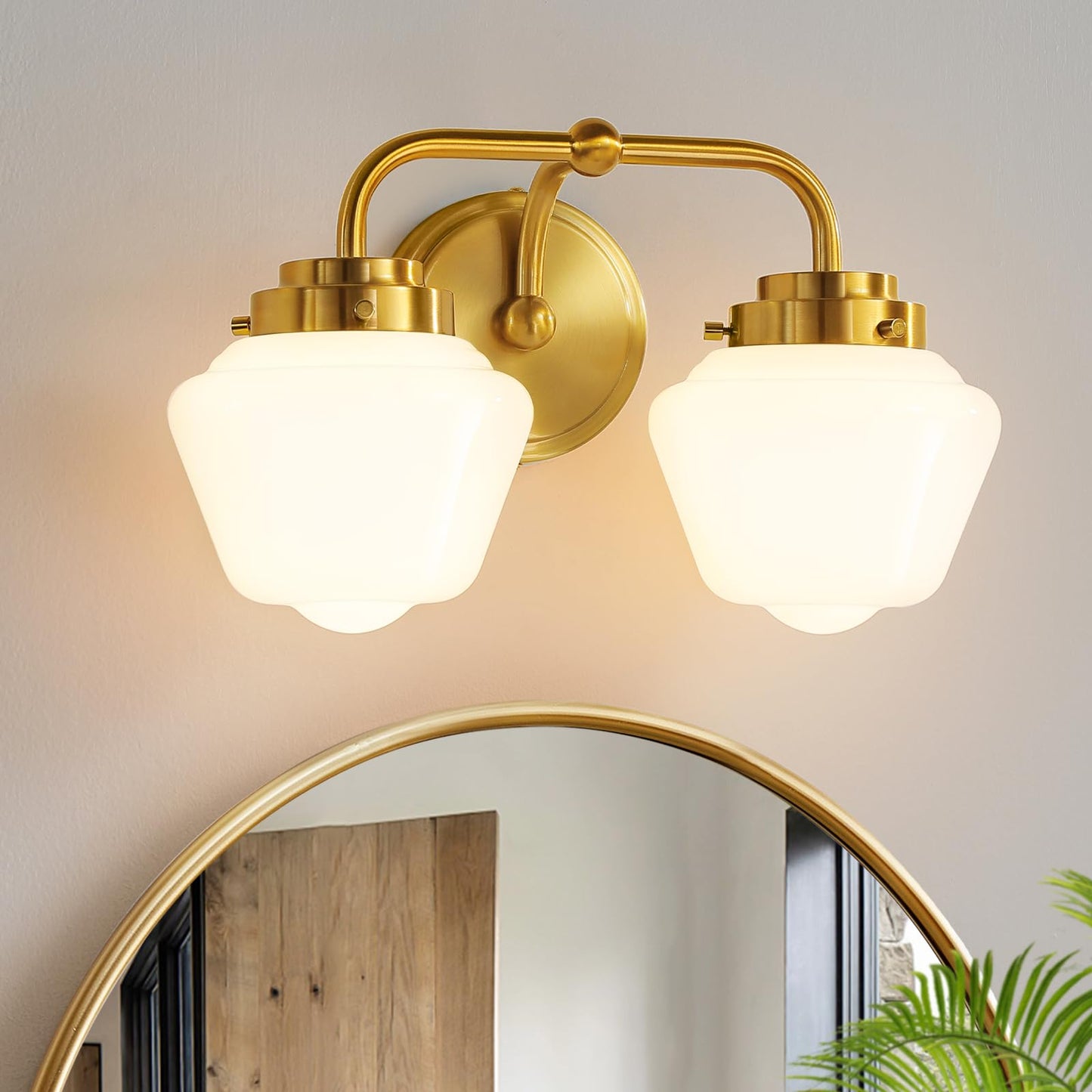 RUIYEY Bathroom Vanity Light Fixtures: 2-Lights Gold Bathroom Lighting Fixtures Over Mirror, Mid-Century Modern Wall Sconces with Frosted Milky Glass for Kitchen Bedroom Hallway