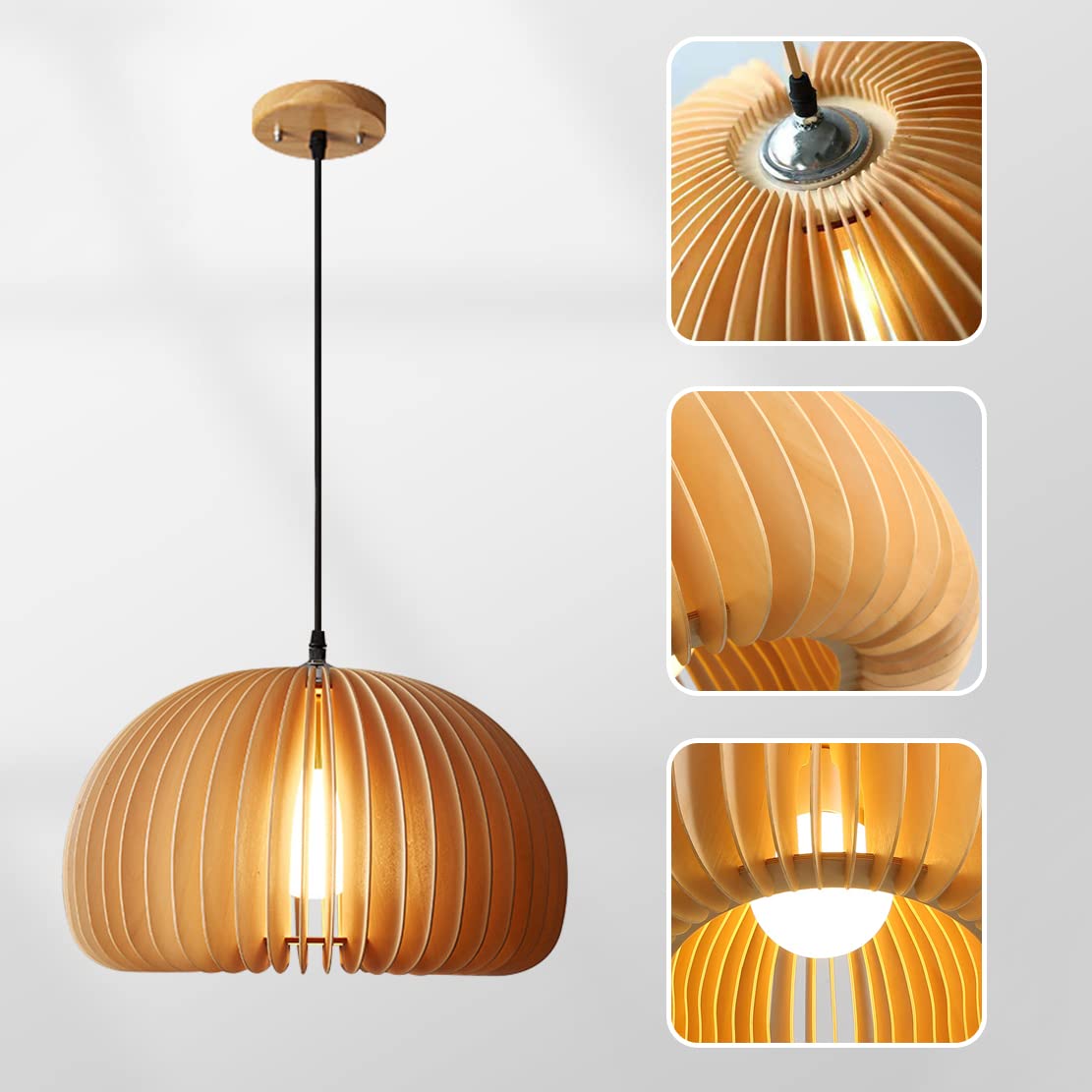 Flyrose Industrial Farmhouse Wood Pendant Lights Kitchen Island Boho Rattan Chandelier Japanese Pendant Lighting Large Dome Pendant Light Retro Dining Room Light Fixture