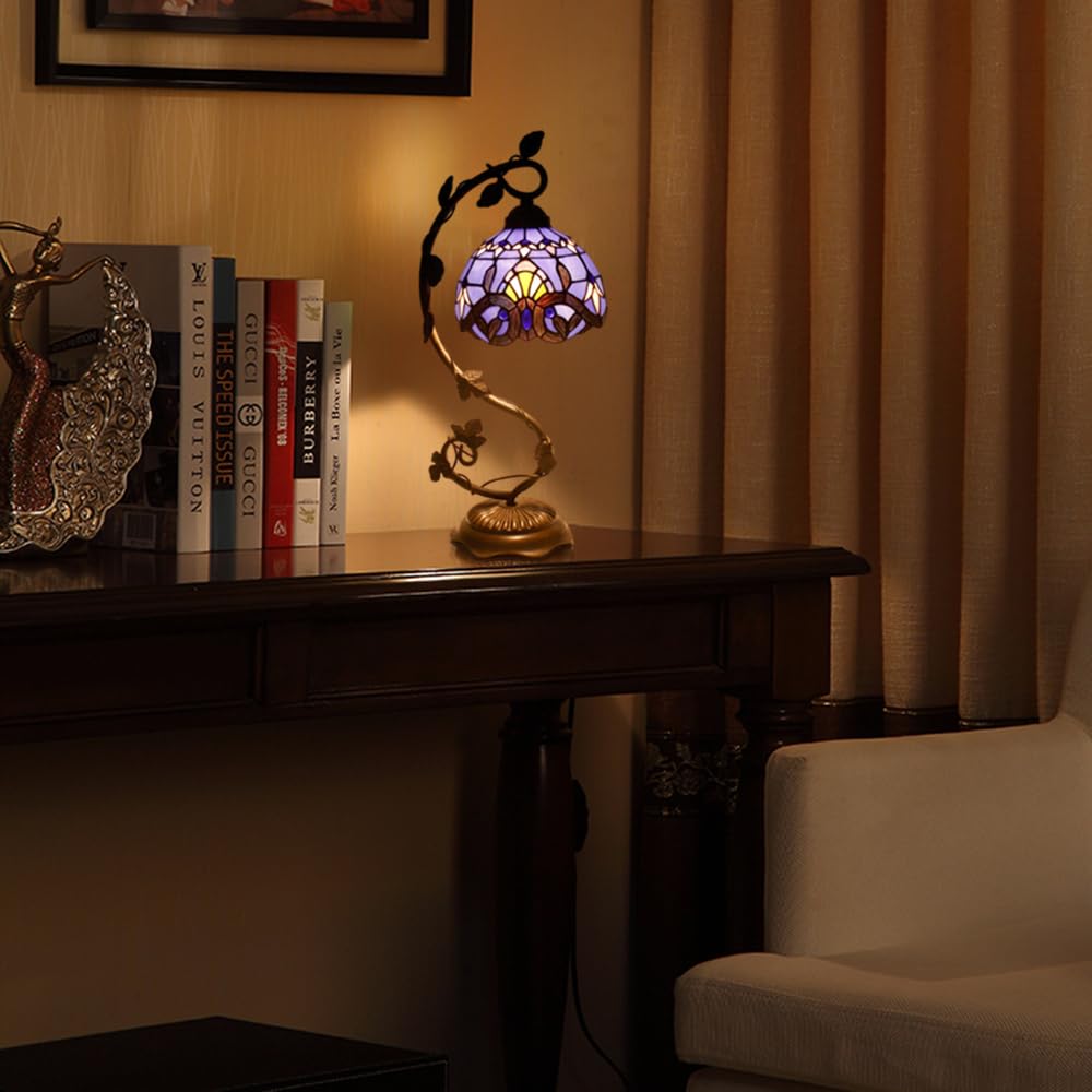 Tiffany-Style 8 Inch Table Lamp Stained Glass Baroque Lampshades Small Bedside Lamp Reading Antique Desk Light Livingroom Bedroom Office Vintage Art Deco Victorian