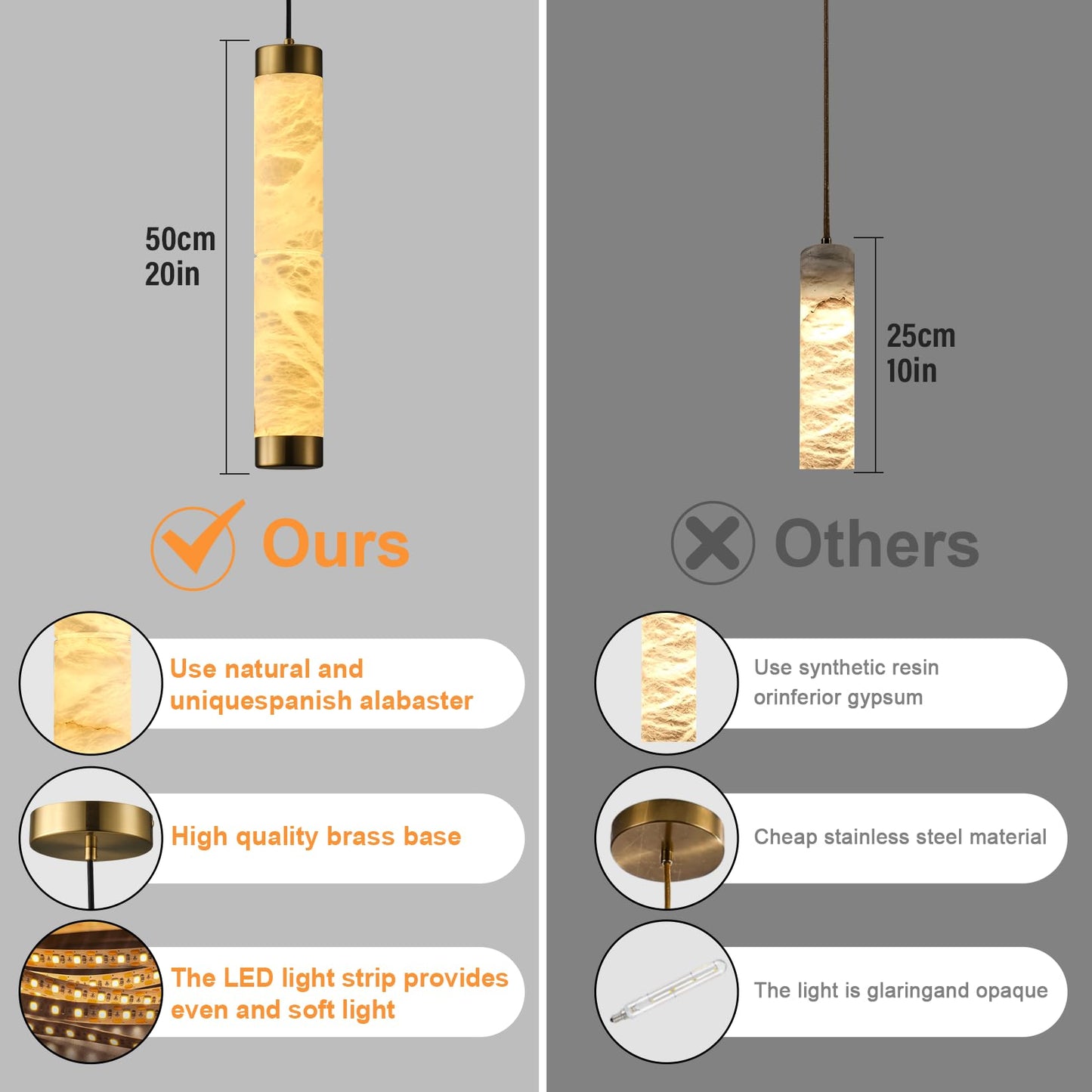 OSRoyce 20" Alabaster Pendant Lights, Natural Marble Cylinder Brass Pendant Light, Adjustable Modern Ceiling Light Fixtures for Kitchen Island, Dining Room, Bedroom, Living Room, Bathroom