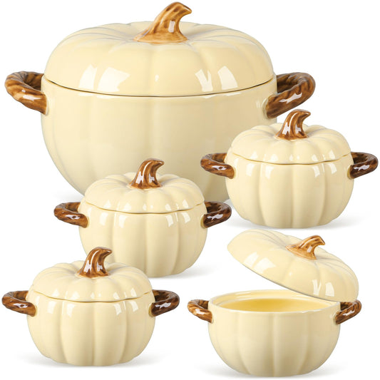 Maxdot Set of 5 Ceramic Pumpkin Bowls with Lid and Handles Pumpkin Shape Soup Serving Pot Storage Jar for Fall Thanksgiving Halloween Party Kitchen Dessert Decoration 17Oz & 54Oz(Cream Yellow)