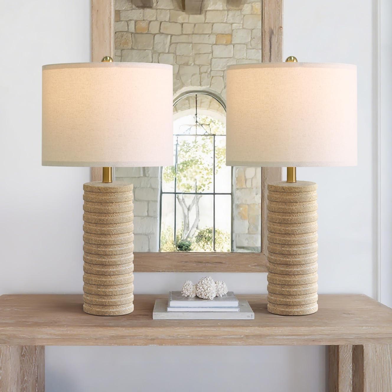 PoKat 27" Farmhouse Ceramic Table Lamps Set of 2 for Bedroom, Stone-Like Boho Nightstands Lamps for Night Stands, Distressed Beige Bedside Lamps with Natural Textured for Living Room, Sand-Colored