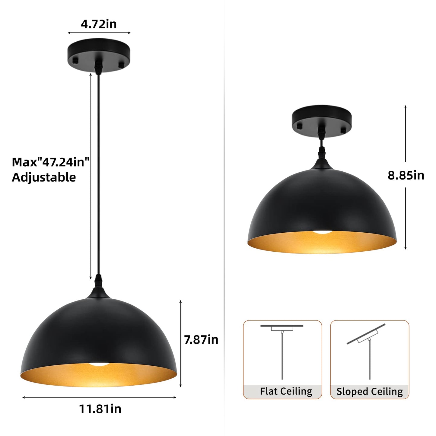 SESIMENT Farmhouse Pendant Lighting for Kitchen Island,Black and Gold Dome Pendant Light Fixtures, Industrial Hanging Ceiling Light for Dining Room Foyer Cafe Kitchen Sink,2 Pack