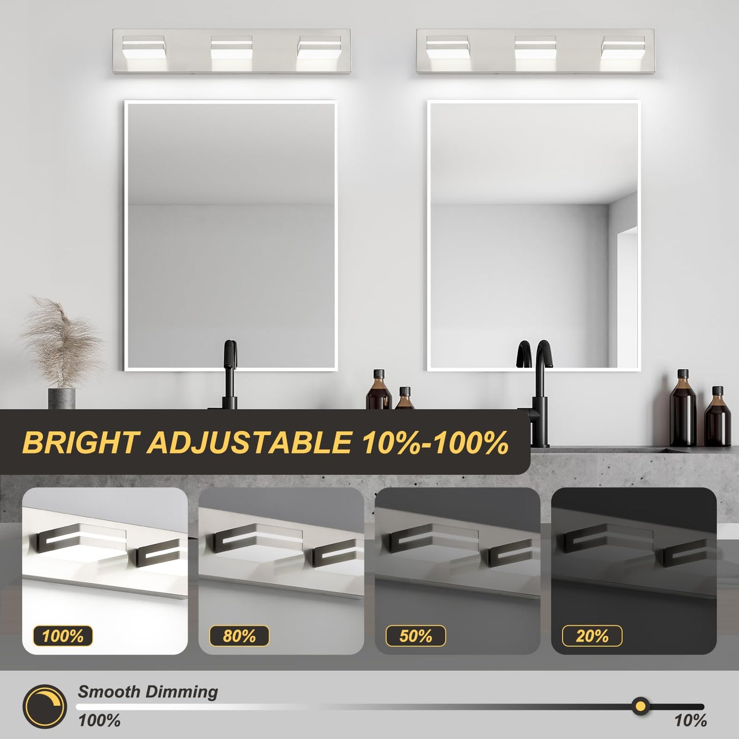 OKELI 3 Light Bathroom Vanity Light Brushed Nickel Modern 24W LED Dimmable Vanity Light Over Mirror 350° Adjustable Lamp Head Cold White 6000K ETL Listed 22Inch
