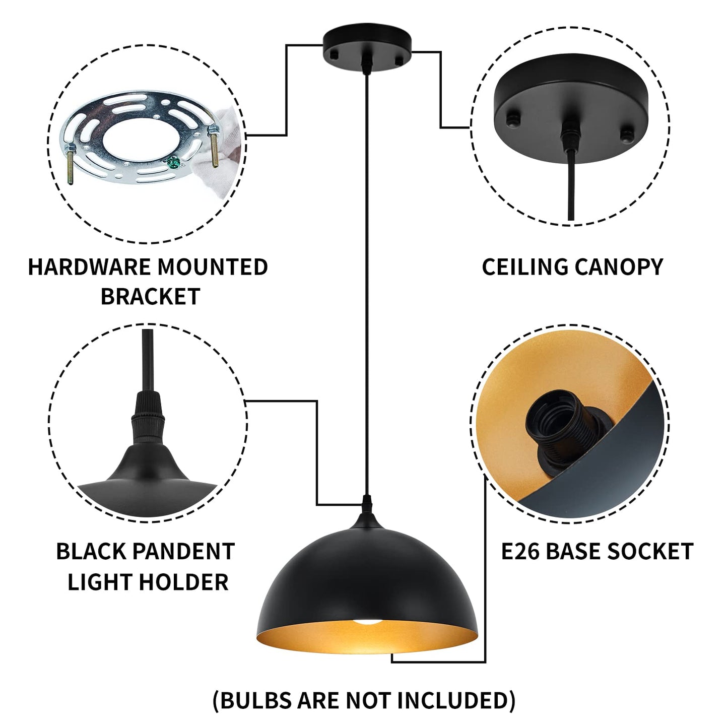SESIMENT Farmhouse Pendant Lighting for Kitchen Island,Black and Gold Dome Pendant Light Fixtures, Industrial Hanging Ceiling Light for Dining Room Foyer Cafe Kitchen Sink,2 Pack