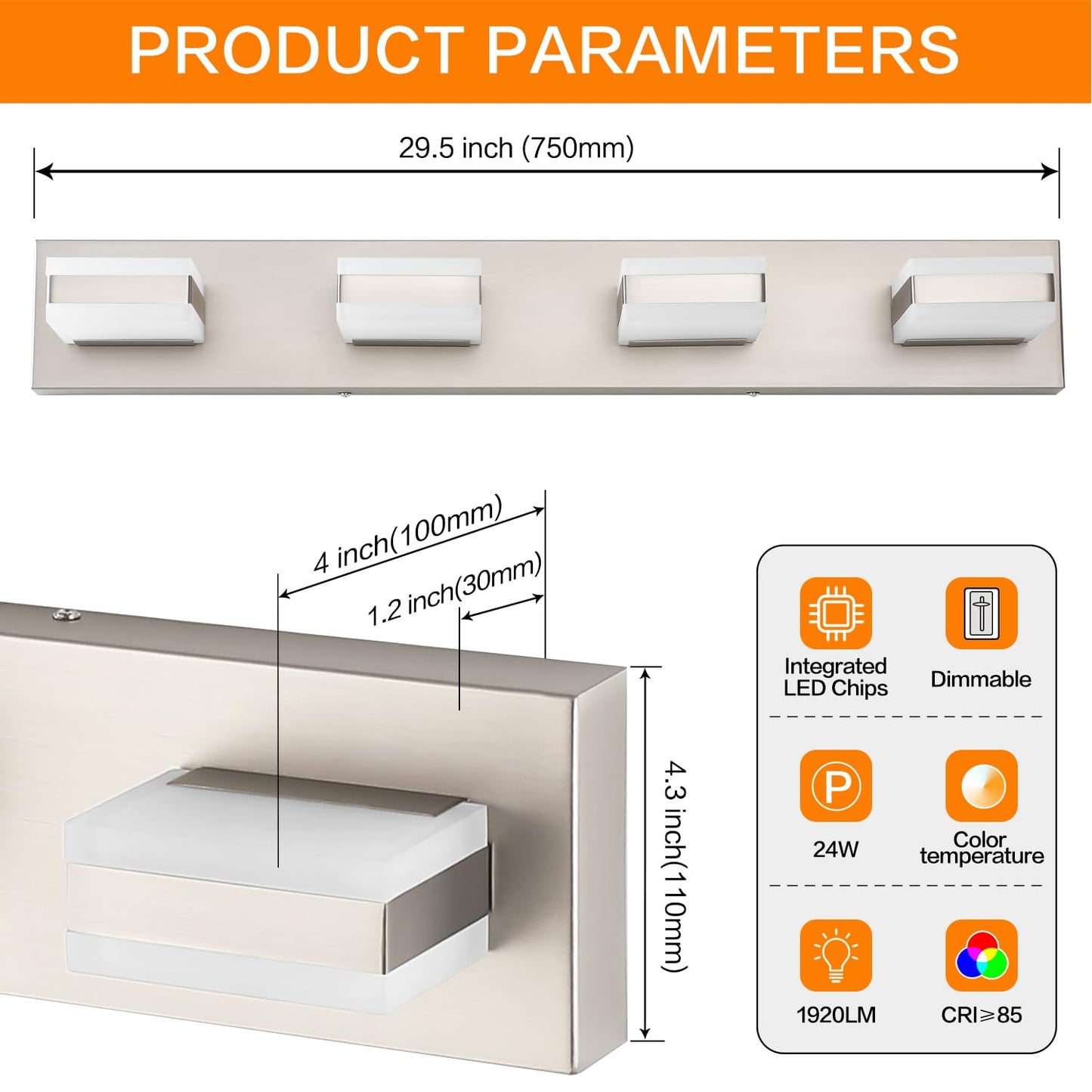 SOLFART Bathroom Vanity Lights Brushed Nickel Light Fixtures for Bathroom Above Mirror 4 Light Led Lights Bath Lighting Fixture Nickel