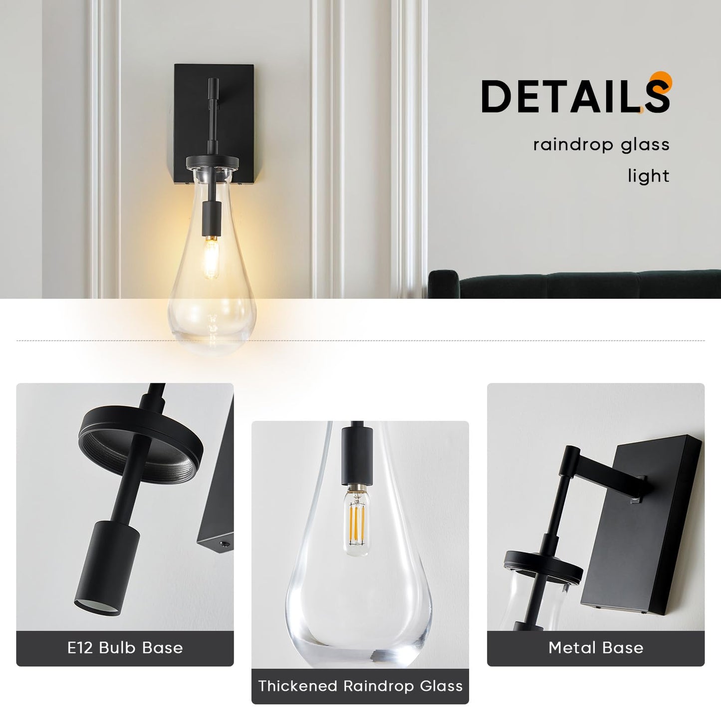 SHEKAITAO 17" L Wall Sconces,Black Wall Lights Fixtures Bathroom Vanity Light Morden Wall Sconce Raindrop Wall Lamps for Living Room,Bedroom,Hallway,Stairs,Indoor