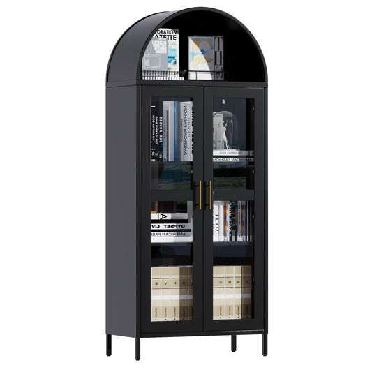 VEXPOR 73 in Tall Metal Arched Cabinet, Kitchen Pantry Cabinet with Glass Door, Modern Farmhouse Arched Bookcase with 2 Adjustable Shelves for Dining Room and Living Room, Black, Assembly Required