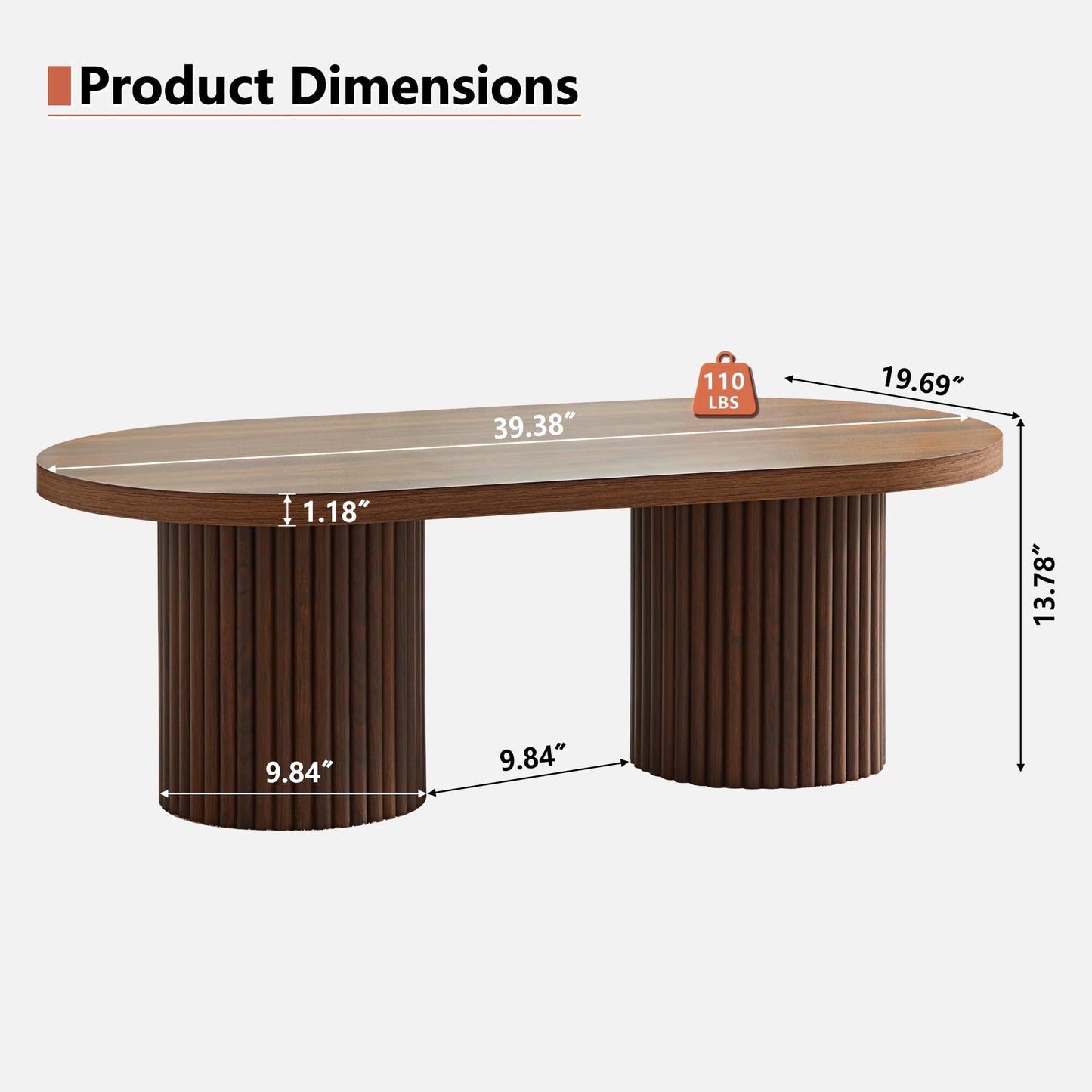 RUSTYER Oval Fluted Coffee Table, Farmhouse Wood Coffee Table Mid Century Modern Center Table Boho Living Room Tables for Living Room Office (Walnut, 19.69" D x 39.38" W x 13.78" H)