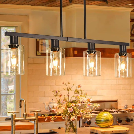 4-Light Kitchen Island Lighting, Black Farmhouse Chandelier with Adjustable Height & Clear Glass Shades, Linear Hanging Dining Room Light Fixture Over Table Bar, Industrial Island Lights for Kitchen