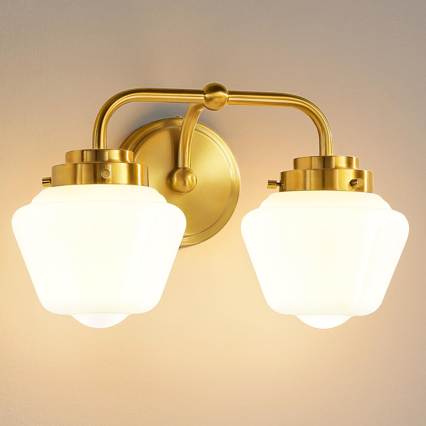 RUIYEY Bathroom Vanity Light Fixtures: 2-Lights Gold Bathroom Lighting Fixtures Over Mirror, Mid-Century Modern Wall Sconces with Frosted Milky Glass for Kitchen Bedroom Hallway