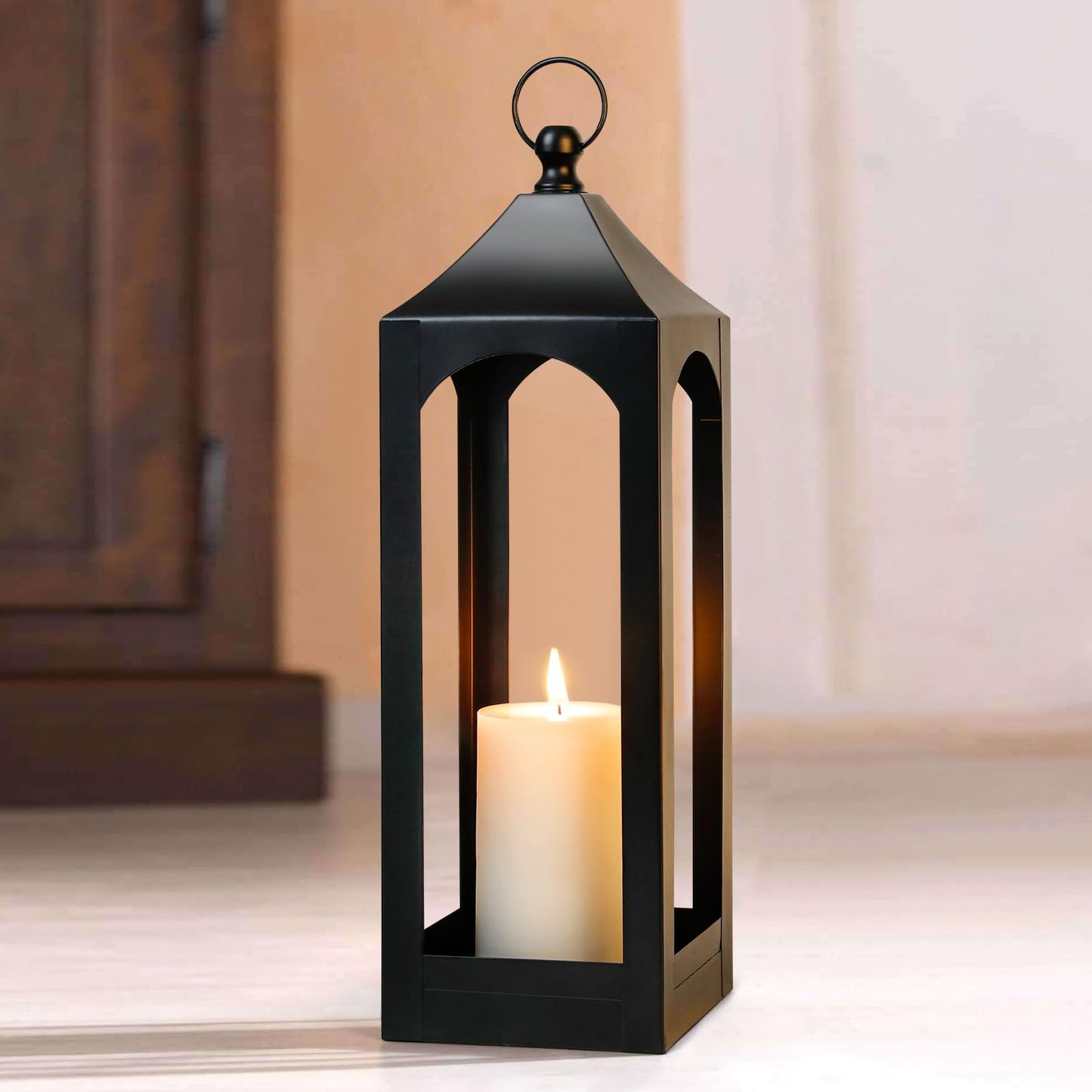 Modern Farmhouse Lantern Decor, Black Metal Decorative Hanging Candle Lanterns Ideal for Home Decor, Parties & Events, 21.2" High (No Glass Panel)
