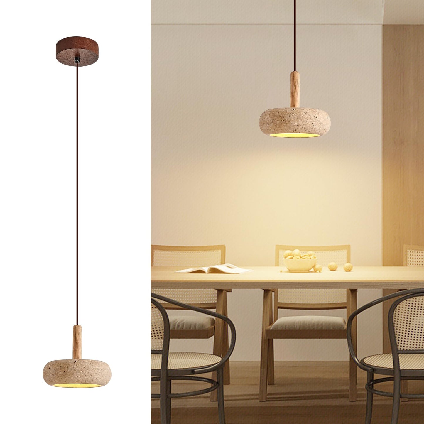 Wabi Sabi Pendant Light Natural Stone Shade Nordic Wood Chandelier,Yellow Travertine Cave Lamp, Japanese Style Lights 15W,Natural Stone Lights for Dining Room Bedside Kitchen Island Hallway