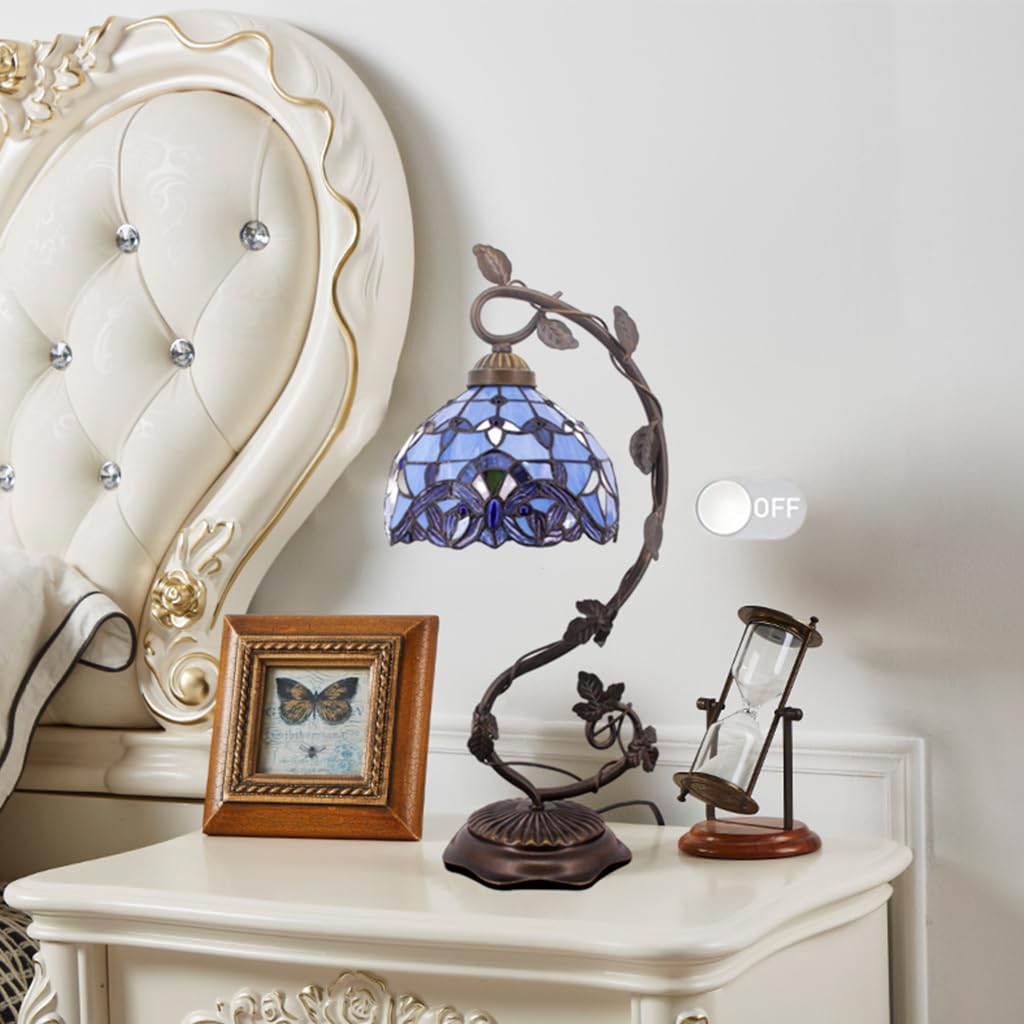 Tiffany-Style 8 Inch Table Lamp Stained Glass Baroque Lampshades Small Bedside Lamp Reading Antique Desk Light Livingroom Bedroom Office Vintage Art Deco Victorian