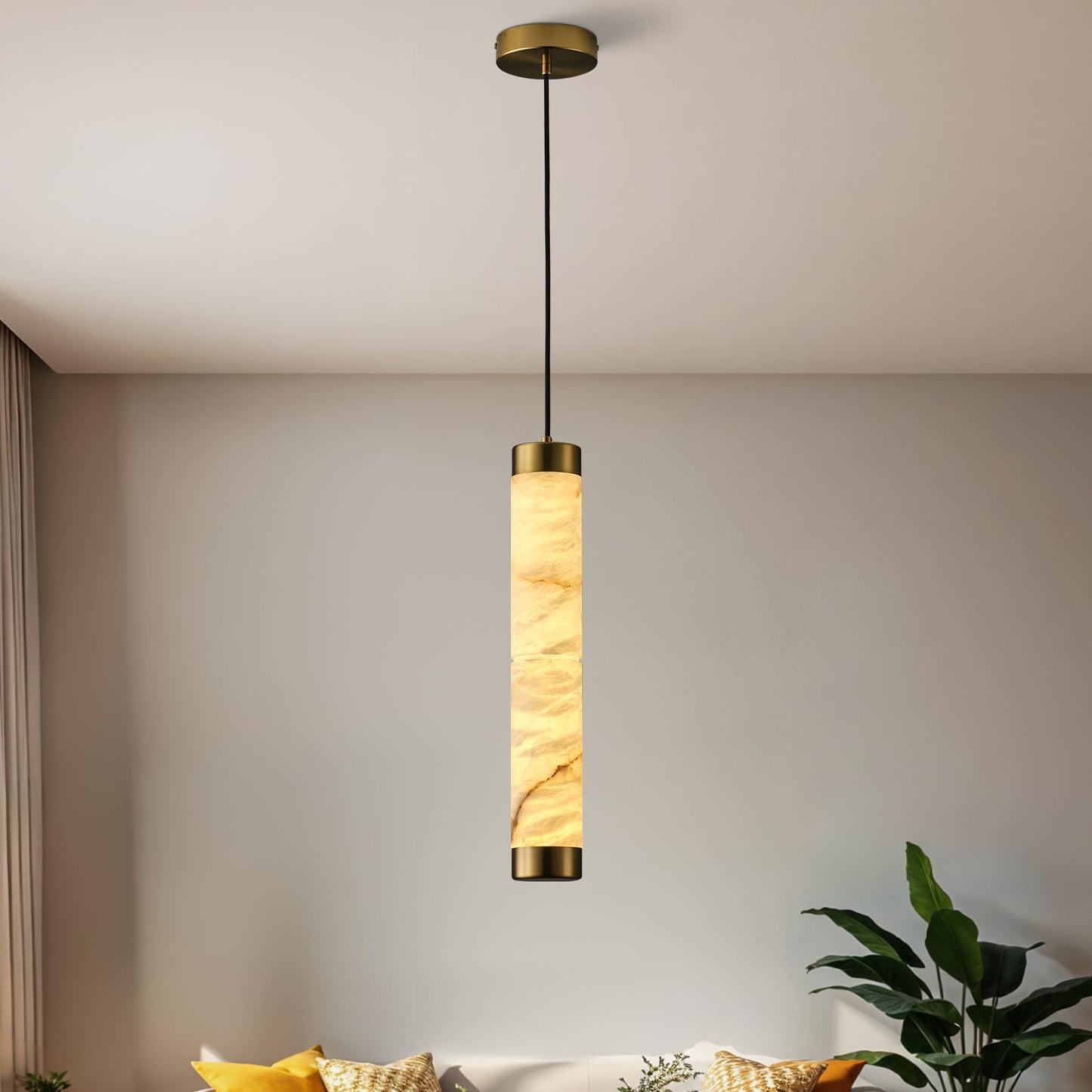 OSRoyce 20" Alabaster Pendant Lights, Natural Marble Cylinder Brass Pendant Light, Adjustable Modern Ceiling Light Fixtures for Kitchen Island, Dining Room, Bedroom, Living Room, Bathroom