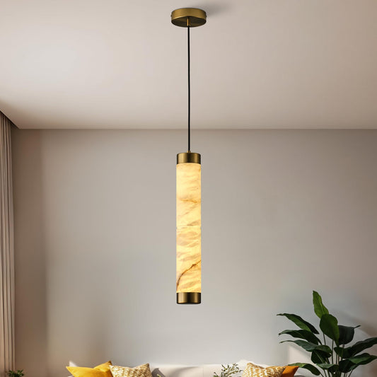 OSRoyce 20" Alabaster Pendant Lights, Natural Marble Cylinder Brass Pendant Light, Adjustable Modern Ceiling Light Fixtures for Kitchen Island, Dining Room, Bedroom, Living Room, Bathroom