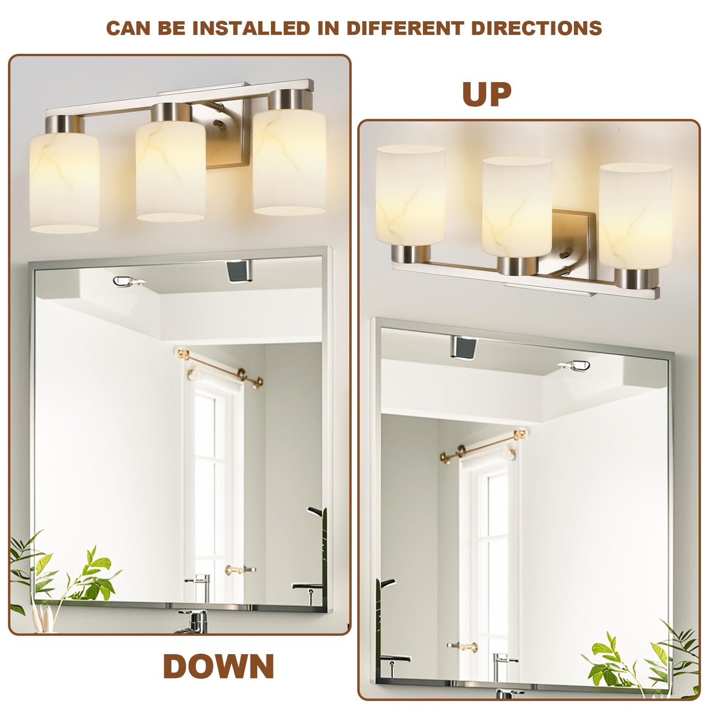 Mieloxiy 3-Light Bathroom Light Fixtures, Modern Vanity Lights, Brushed Nickel Metal Wall Lamp with White Marble Glass for Bathroom, Mirror, Living Room, Bedroom, Cabinet, Porch, Hallway, E26 Base