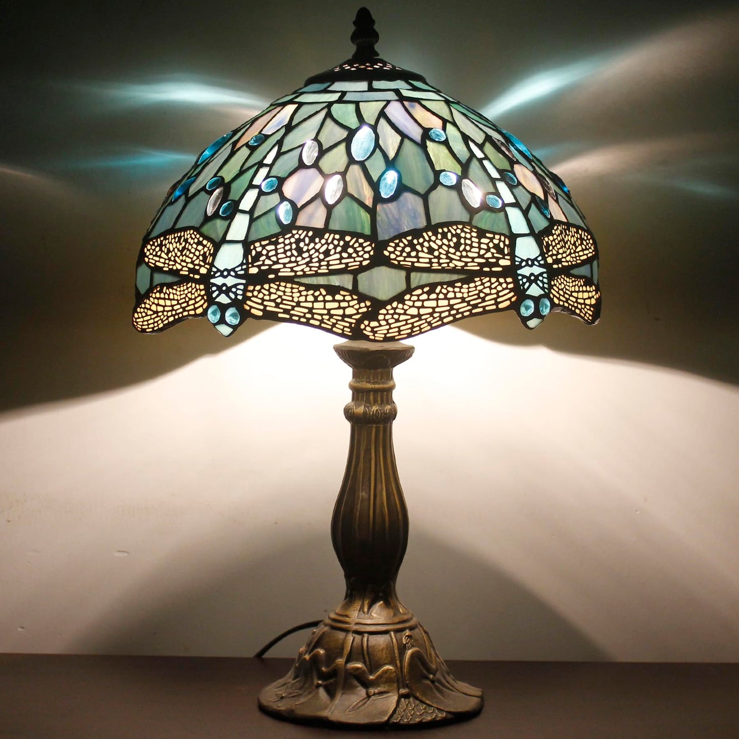 WERFACTORY Tiffany Lamp Sea Blue Stained Glass Table Lamp 12X12X18 Inches Dragonfly Style Desk Reading Light S147 Series