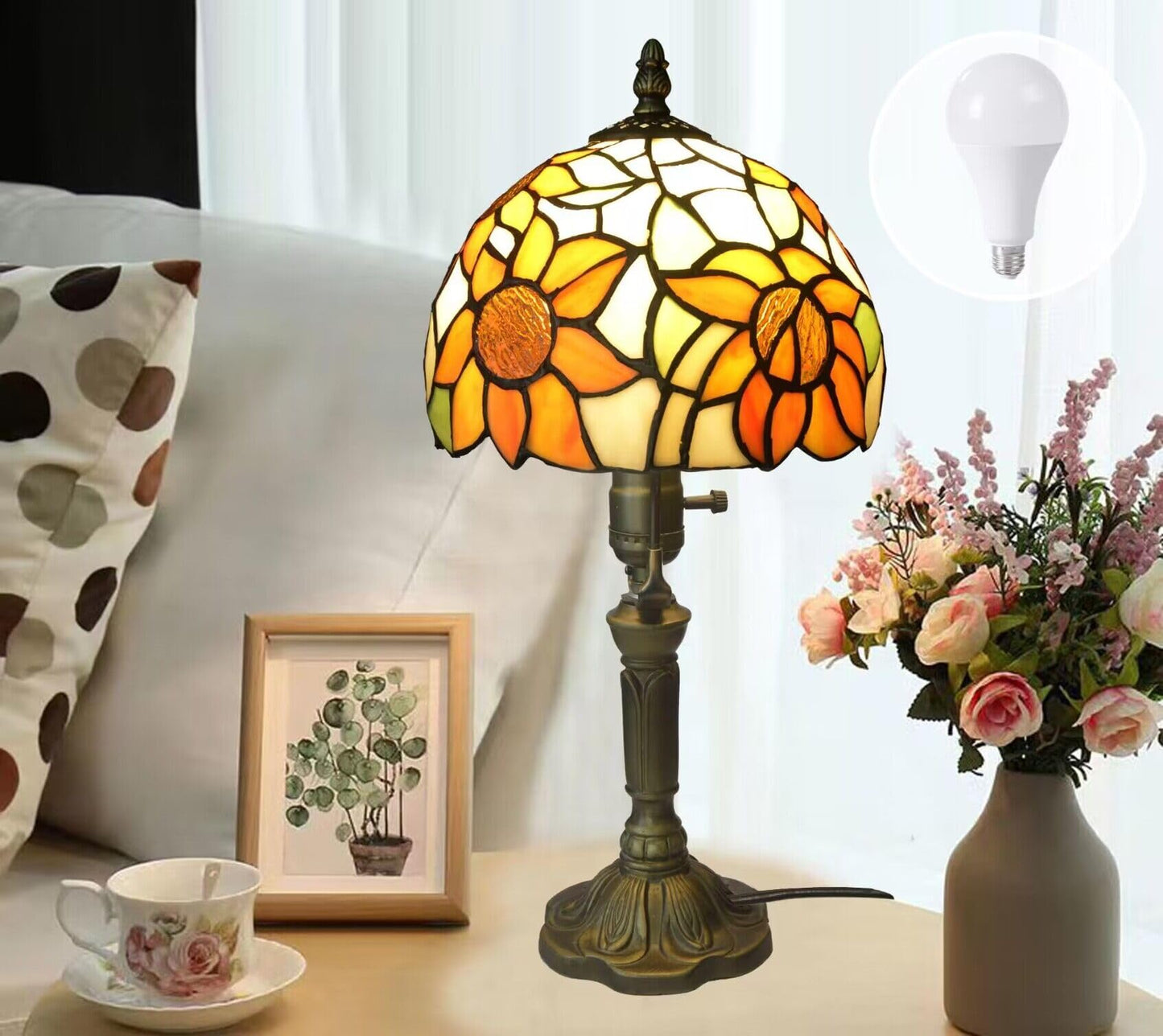Tiffany Lamp Stained Glass 3 Way Table Lamp,Yellow Sunflower Bedside Table Lamp LED E26 Bulb, for Bedroom Living Room,Included 3 Way LED Bulb