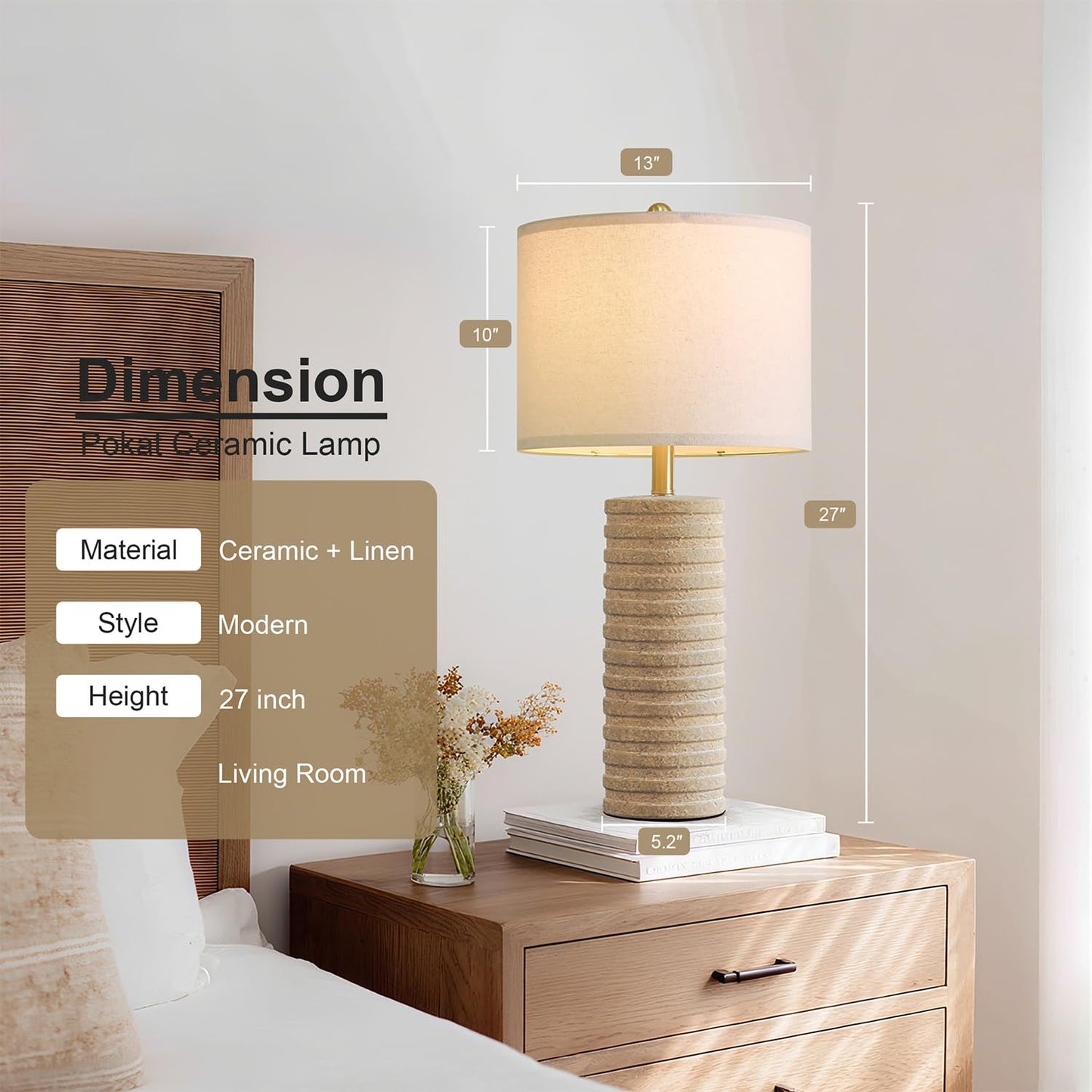 PoKat 27" Farmhouse Ceramic Table Lamps Set of 2 for Bedroom, Stone-Like Boho Nightstands Lamps for Night Stands, Distressed Beige Bedside Lamps with Natural Textured for Living Room, Sand-Colored