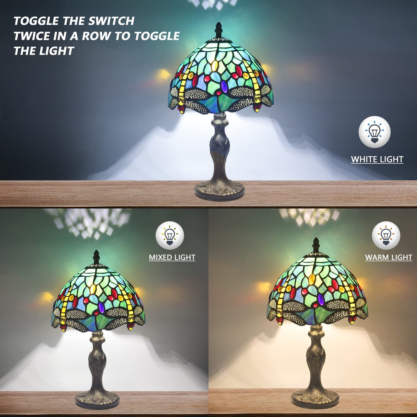 Tiffany Table Lamp Stained Glass Crystal Bead Style Table Light, Handmade Desk Bedside Table Night Lamp, Antique Art Craft Gifts Lover Kid Living Room Bedroom Study Bookcase Desk Ligh(Green Dragonfly)