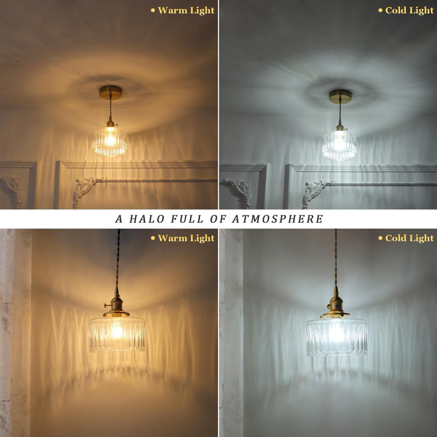 Shenmoyl Pendant Light 2 Pack with Clear Striped Glass Lmapshade, Brass Vintage Pendant Light Adjustable Hanging Light for Kitchen Island Dining Room Hallway