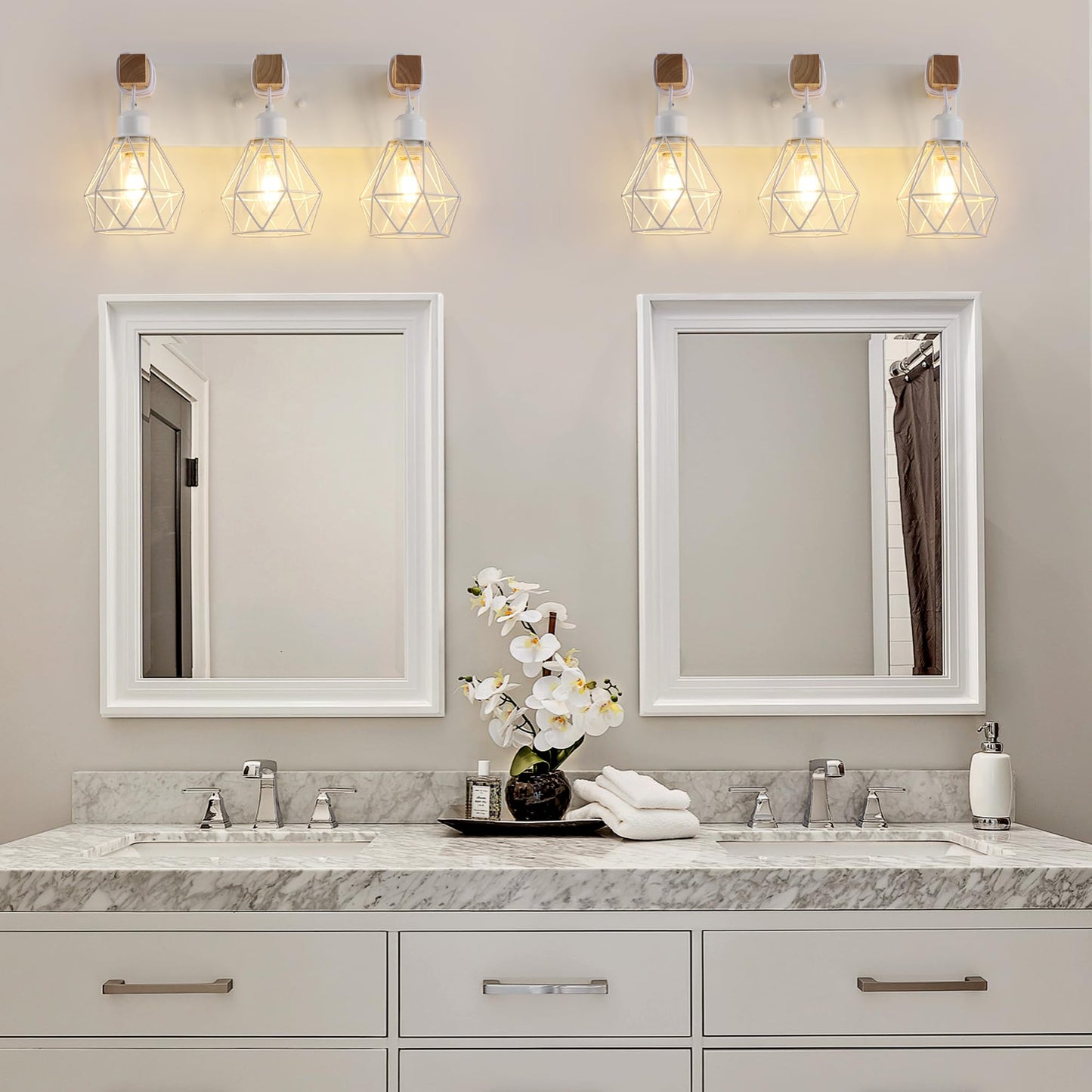 Farmhouse Vanity Light for Bathroom, 3-Light White Wood Bathroom Vanity Light Fixtures Over Mirror, Rustic Sconces Wall Lighting with Metal Lampshade for Living Room, Bedroom, Hallway