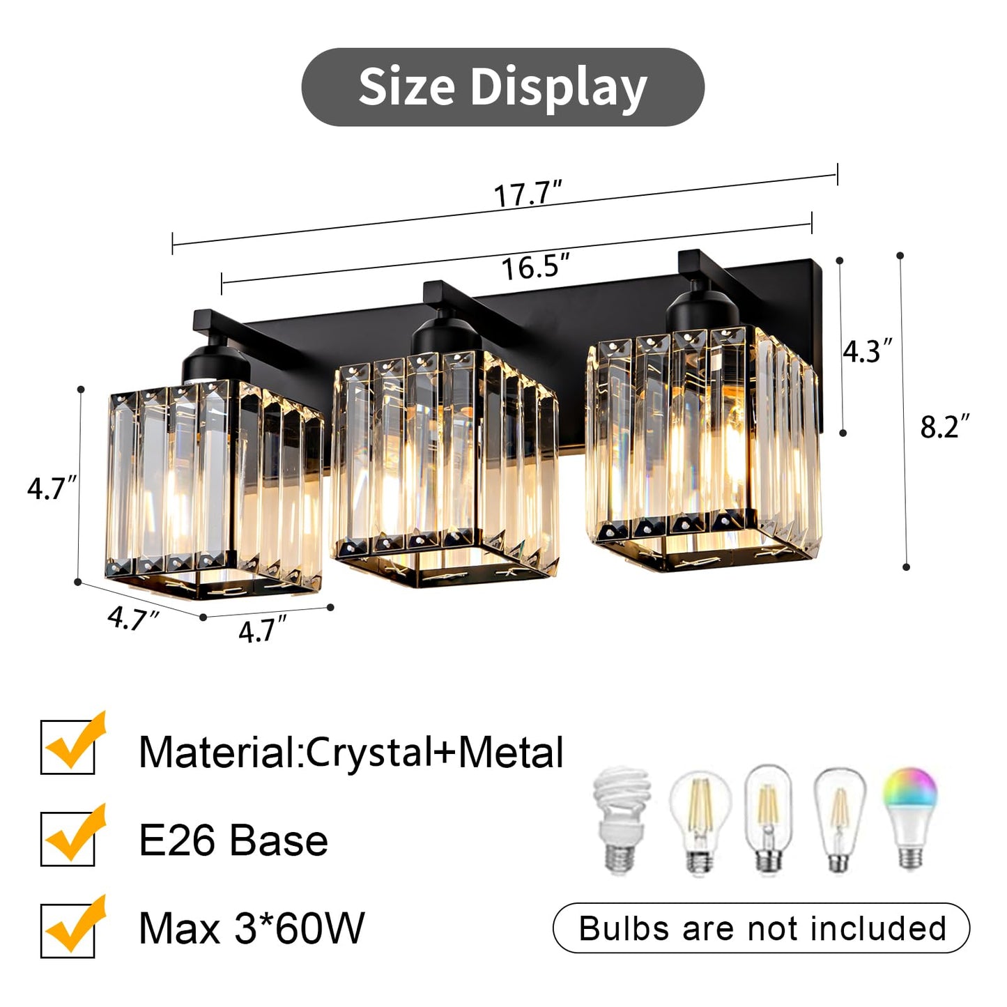 Aixialin Black Bathroom Vanity Light 3 Lights, Crystal Bathroom Wall Light Fixtures Modern Vanity Light Over Mirror (Exclude Bulb)