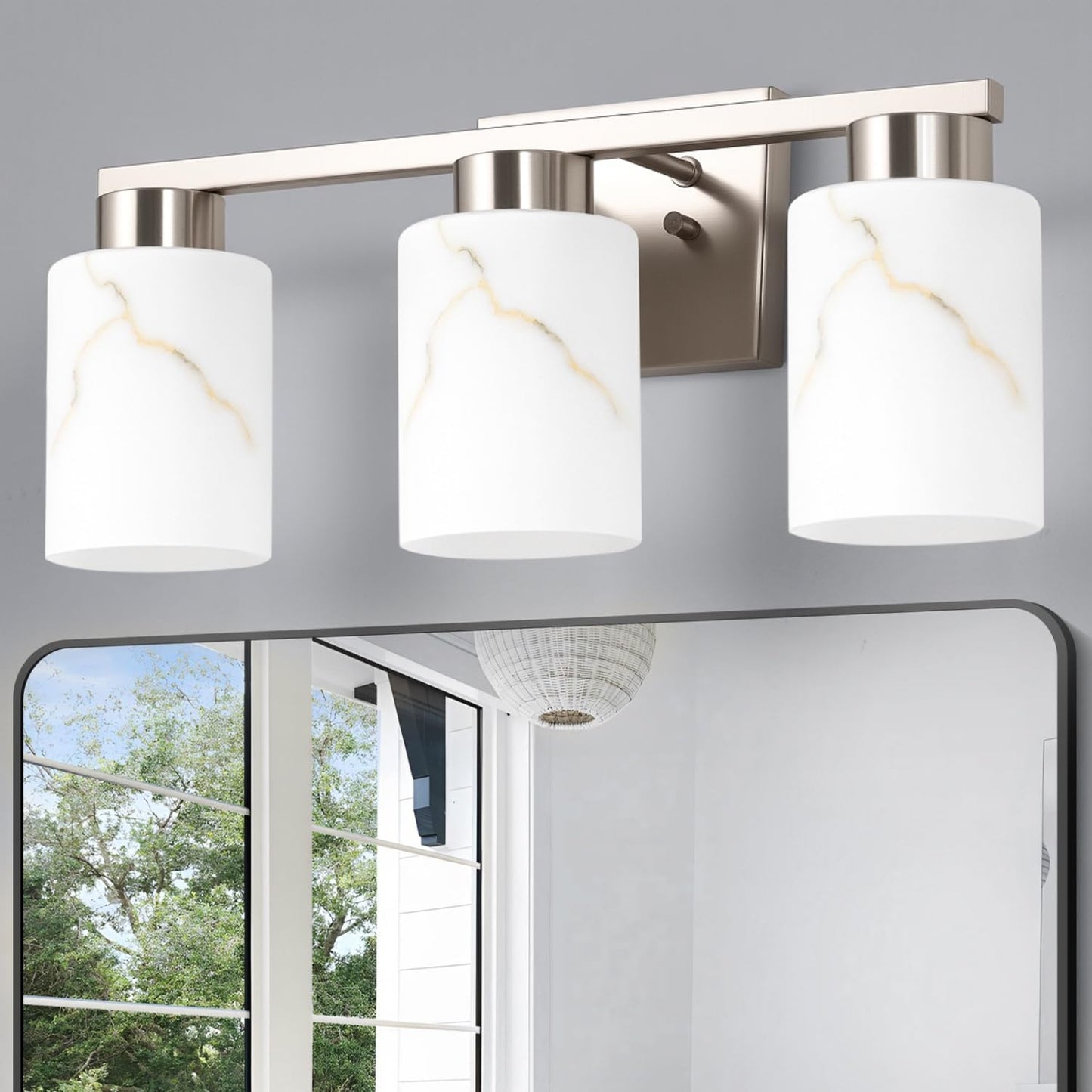 Mieloxiy 3-Light Bathroom Light Fixtures, Modern Vanity Lights, Brushed Nickel Metal Wall Lamp with White Marble Glass for Bathroom, Mirror, Living Room, Bedroom, Cabinet, Porch, Hallway, E26 Base