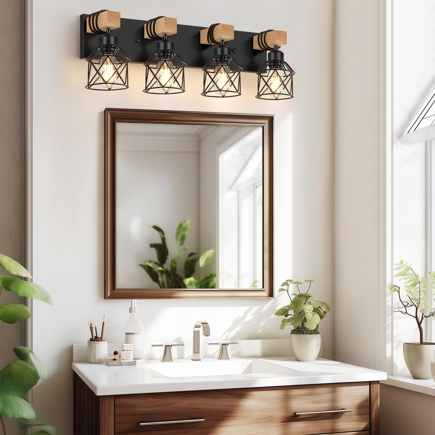 FadimiKoo 4-Light Rustic Style Wood Bathroom Vanity Light Fixtures, Black Bathroom Lighting with Cage Metal Shade, Farmhouse Wall Sconces for Hallway, Bedroom, Dressing Table