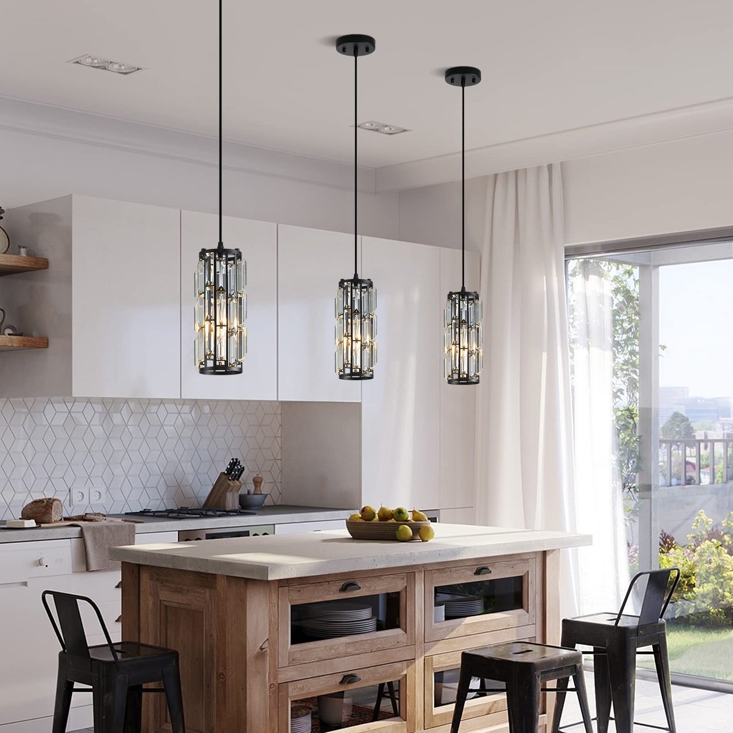 XLHYTF Black Pendant Lighting Modern Pendant Lighti，Pendant Lights Kitchen Island Crystal Pendant Light Fixture，Mini Crystal Chandeliers for Kitchen, Dining Room and Bedroom (3 Pack)