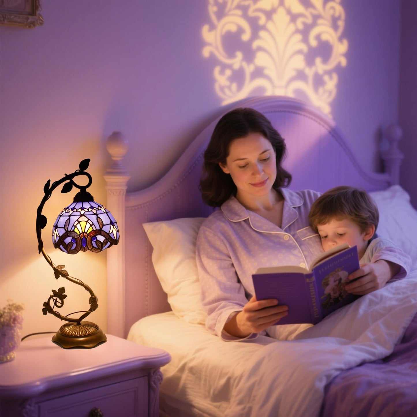 Tiffany-Style 8 Inch Table Lamp Stained Glass Baroque Lampshades Small Bedside Lamp Reading Antique Desk Light Livingroom Bedroom Office Vintage Art Deco Victorian