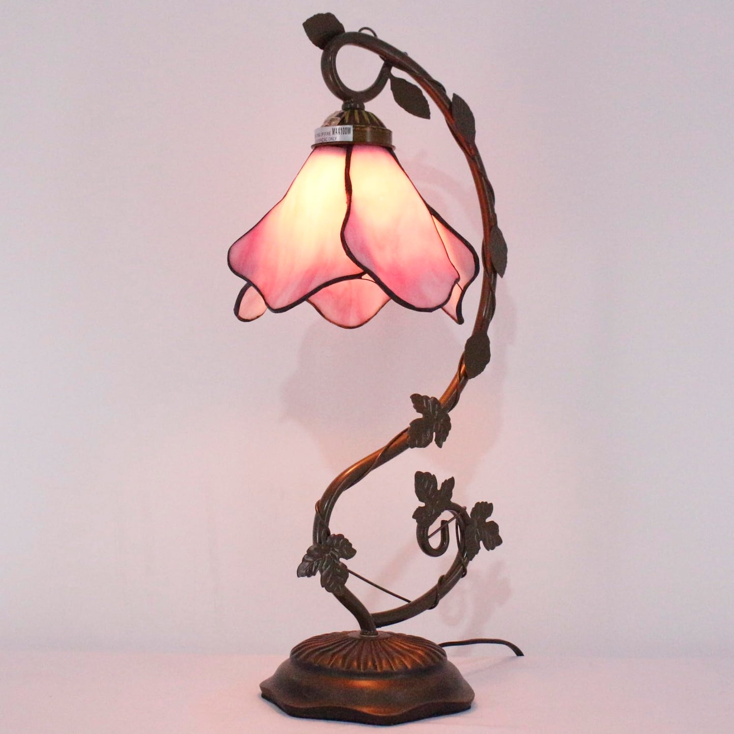 WERFACTORY Tiffany Lamp Pink Stained Glass Table Lamp, Metal Leaf Table Desk Reading Light 8X10X21 Inches Decor Small Space Bedroom Home Office S701 Series