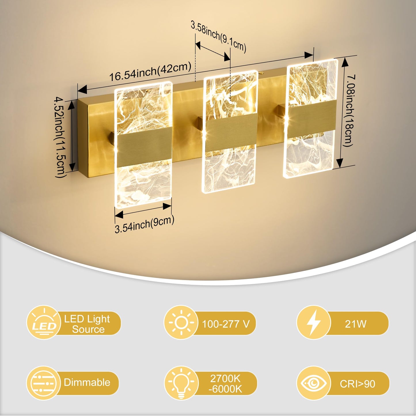 NADOSA Modern LED Bathroom Light Fixtures 3-Light Gold Vanitys Light, 5CCT Adjustable Lighting Fixture Vanity Lights Over Mirror, Smoked Acrylic LED Vanity Lights for Bathroom